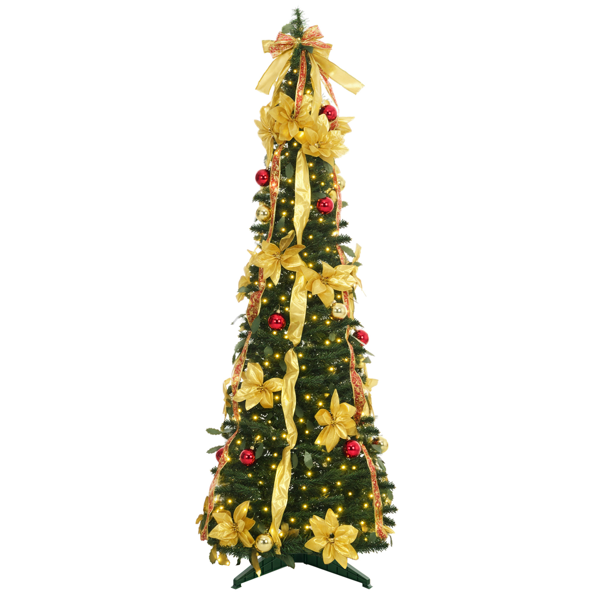 HOMCOM Árbol de Navidad 180 cm Árbol de Navidad con Luces LED Árbol de Navidad Artificial Plegable con Adornos Pre-instalados Árbol Navideño para Interior Verde