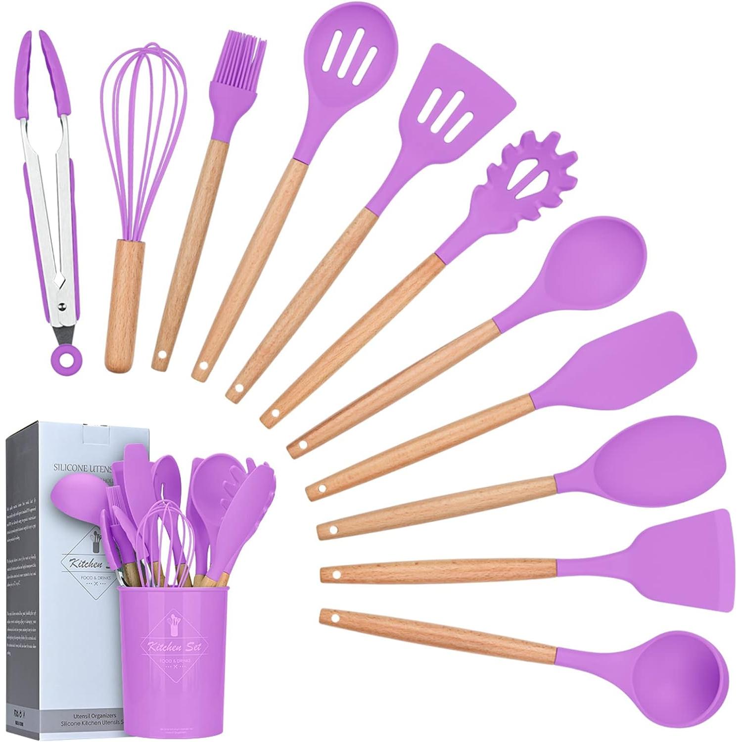 Juego de 11 Utensilios de Cocina de Silicona utensilios antiadherentes con mango de madera, pala, espátula, batidores de huevos, caja de almacenamiento, utensilios para hornear saludables, 12 piezas