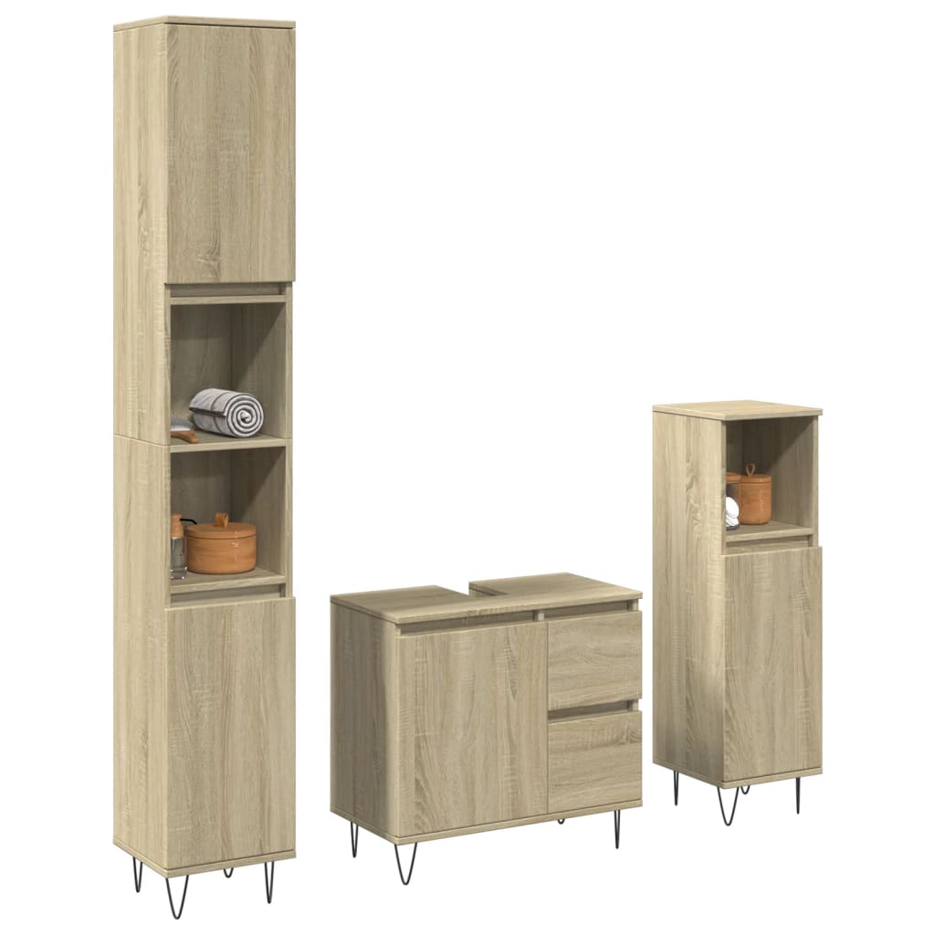 vidaXL Set de muebles baño 3 pzas madera contrachapada en color Roble ahumado/Roble Sonoma/Negro y más | almacenamiento funcional diseño moderno para baño dormitorio sala