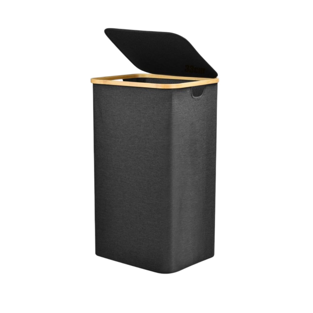 Cesta de Ropa Sucia y Organizador de Armario de Tela con Borde de Bambú, Cesto Plegable para Ropa con Tapa o Compartimentos, Varios Modelos y Tamaños, Color Negro