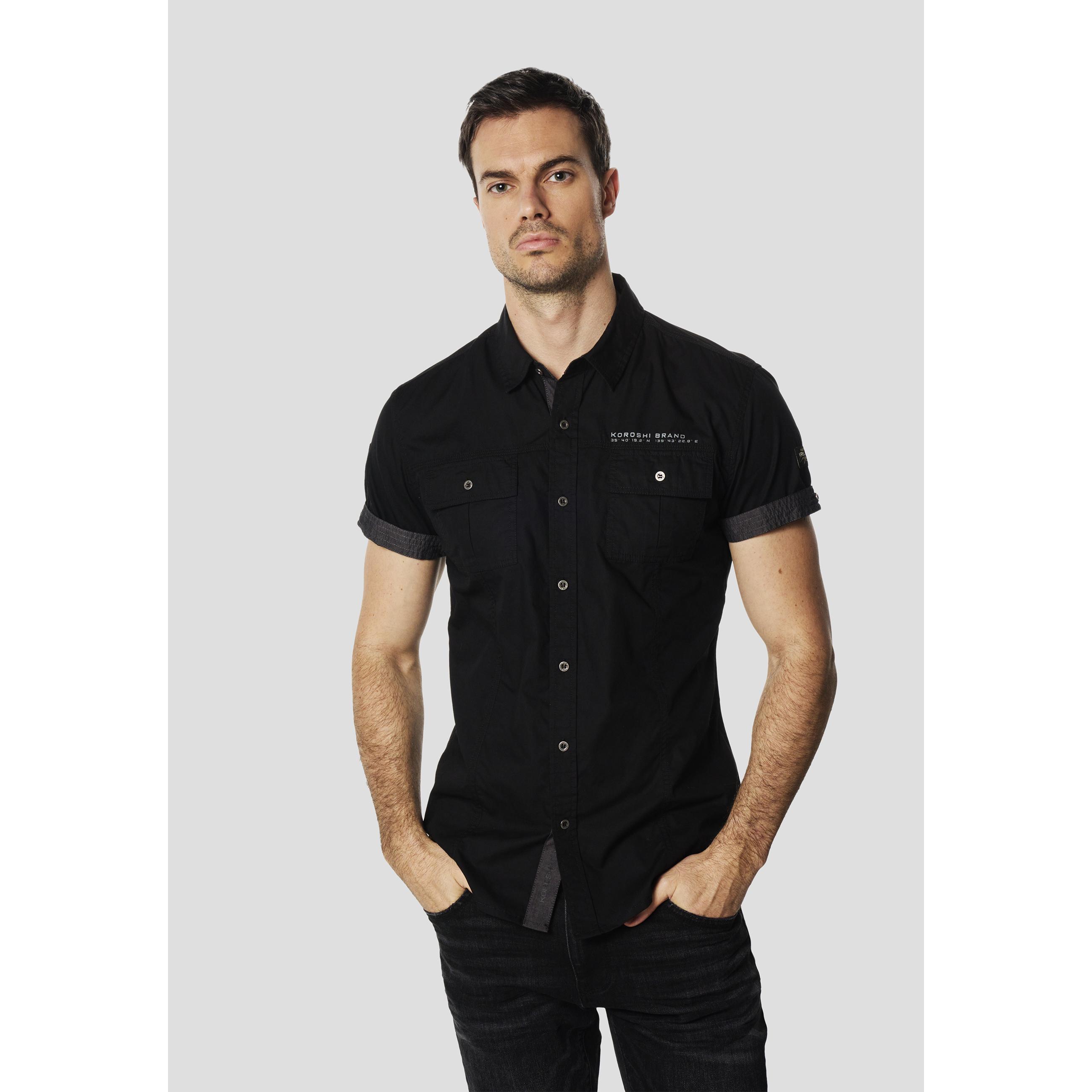 Koroshi - Camisa manga corta multipockets de popelín 100% algodón estilo náutico para hombre primavera-verano