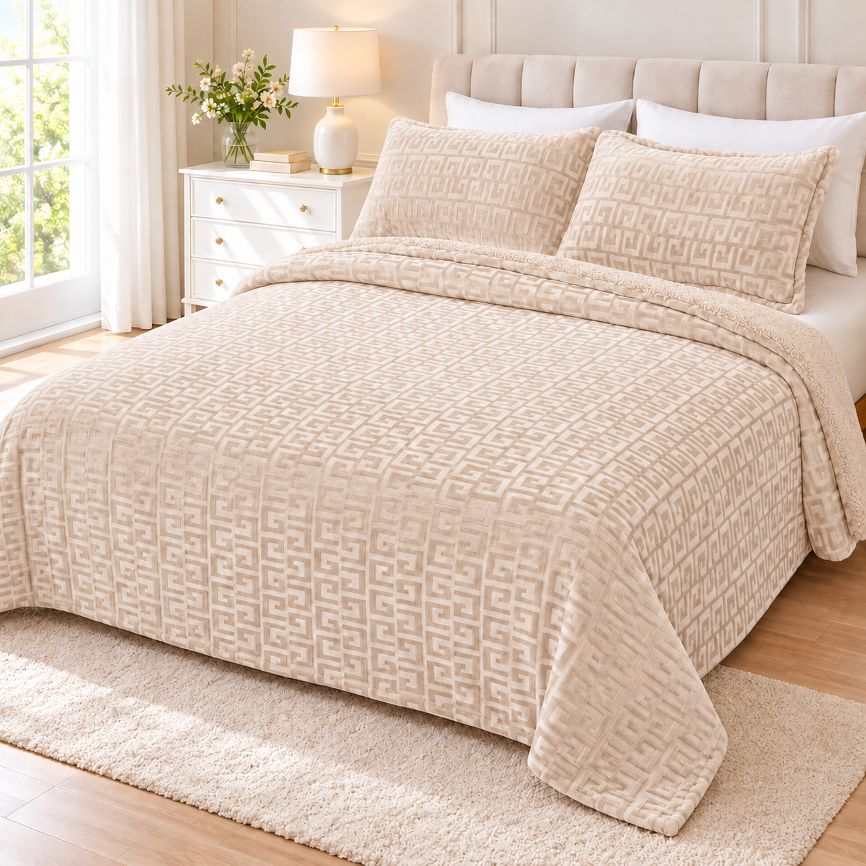 Manta Edredón para Cama con Fundas de Almohada, Diseño Geométrico en Relieve, Reverso de Borreguillo, Tejido de Poliéster, Suave y Cálida, para Camas de 90, 135 y 150 cm