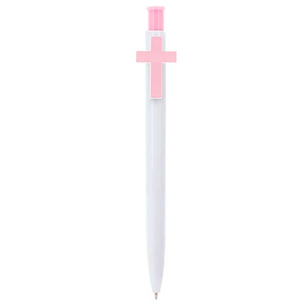 Boligrafo en PVC con pulsador en forma de Cruz en color Rosa o Azul. Con escritura en Azul. Medida 13,60 cm. Un regalos perfecto para dar como recuerdo a los invitados a una Primera Comunión o un Bautizo.