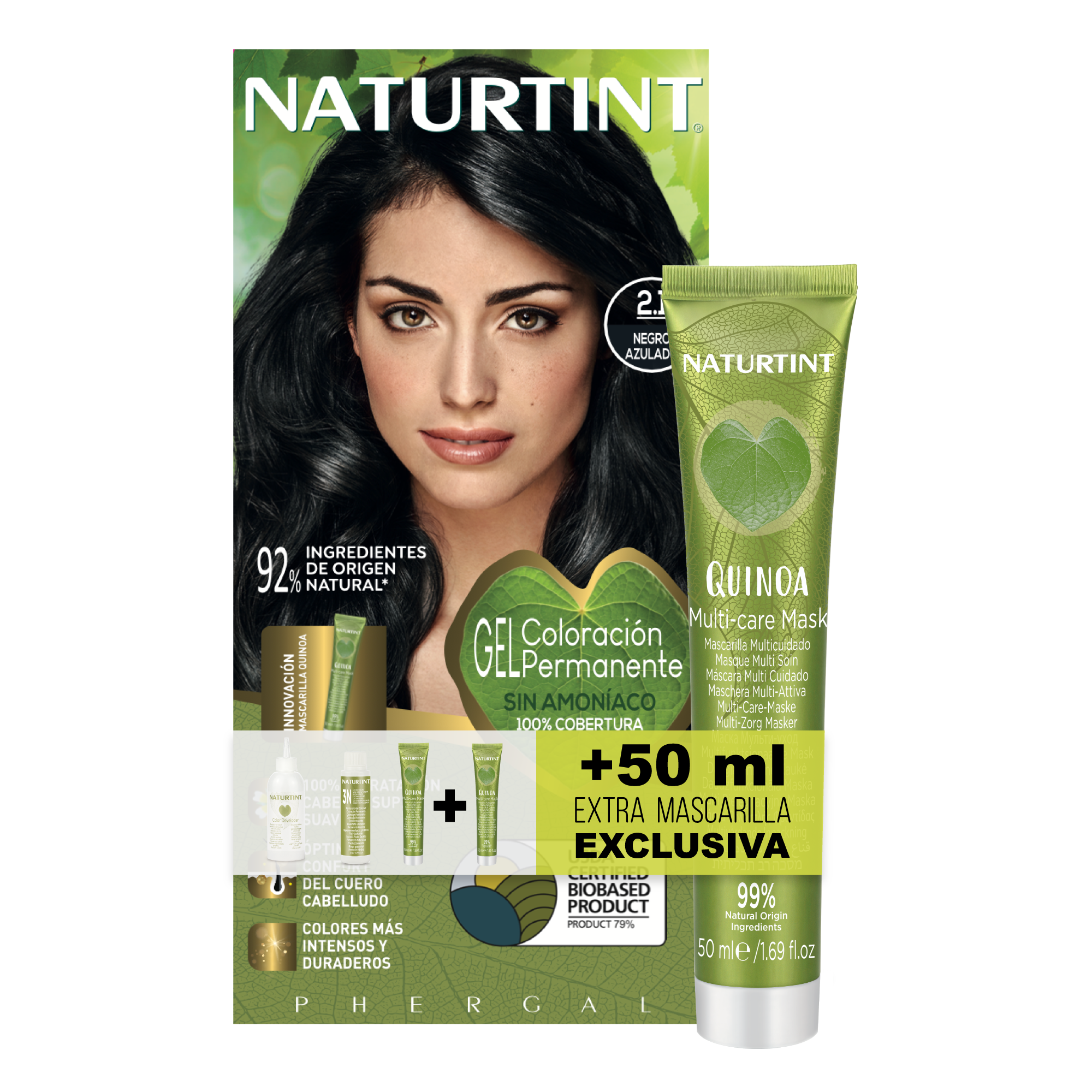 NATURTINT Biobased, Coloración Permanente Sin Amoniaco + Extra Mascarilla 50ml, 100% Cobertura de Canas, Tinte para el Cabello con Ingredientes Naturales, Color Intenso, Natural y Duradero 170ml