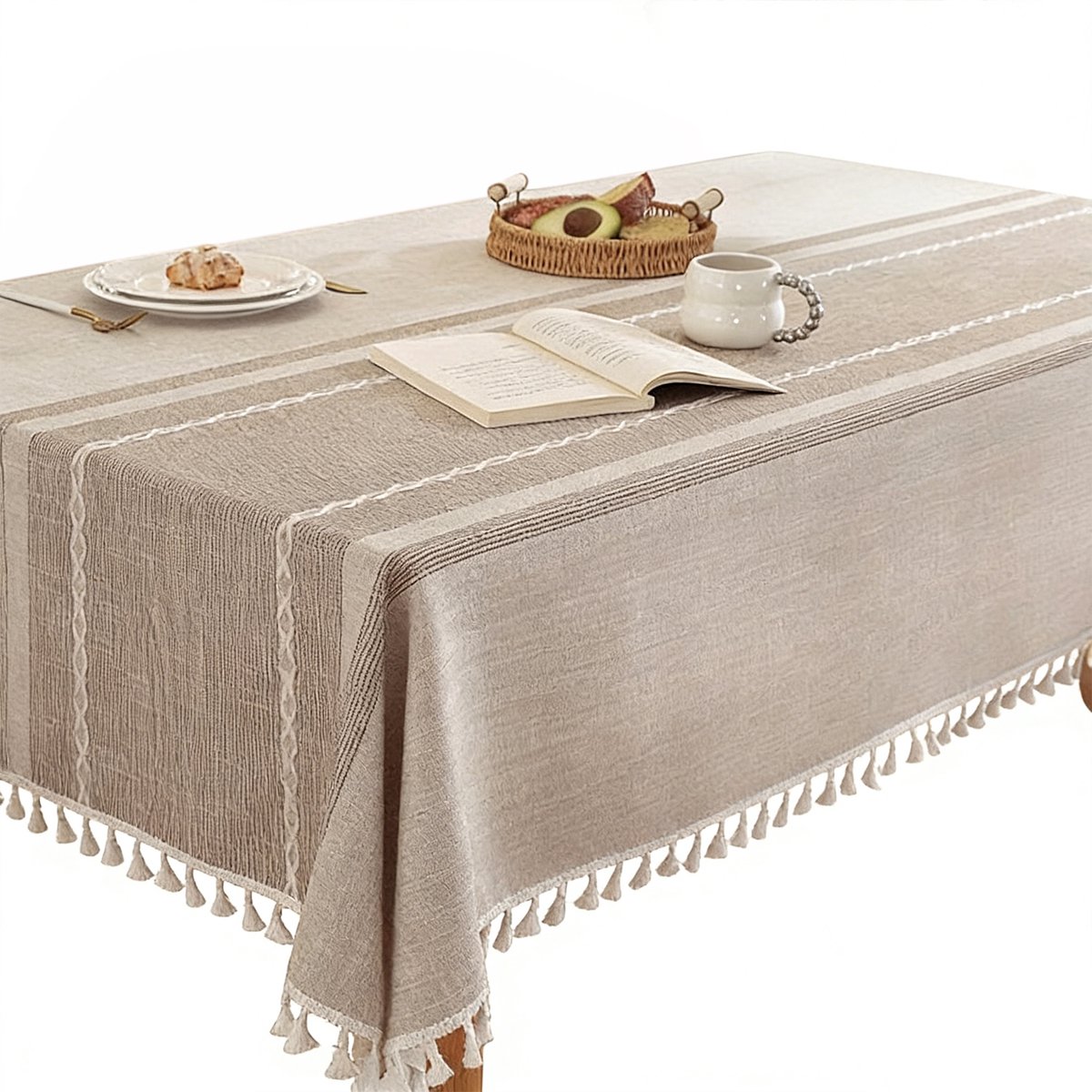Om Home Mantel rectangular de algodón y lino - Duradero, impermeable, suave y sin arrugas - Con borlas - Ideal para cocina, comedor, fiestas, festivales y decoración de mesas - 140 x 180 cm