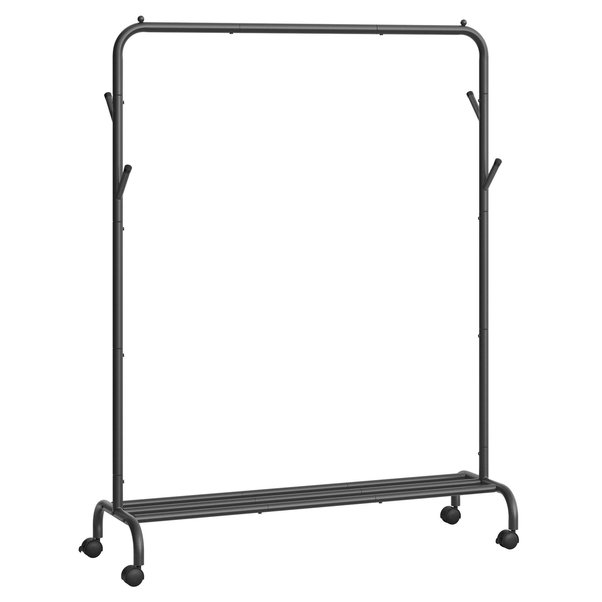 SONGMICS Burro para Ropa, con Ruedas, Perchero Burro con Barra, Estructura de Tubo de Acero, Carga Máx. De 50 kg, Ancho de 103,5 cm, Almacenaje Multifuncional, Negro/Blanco