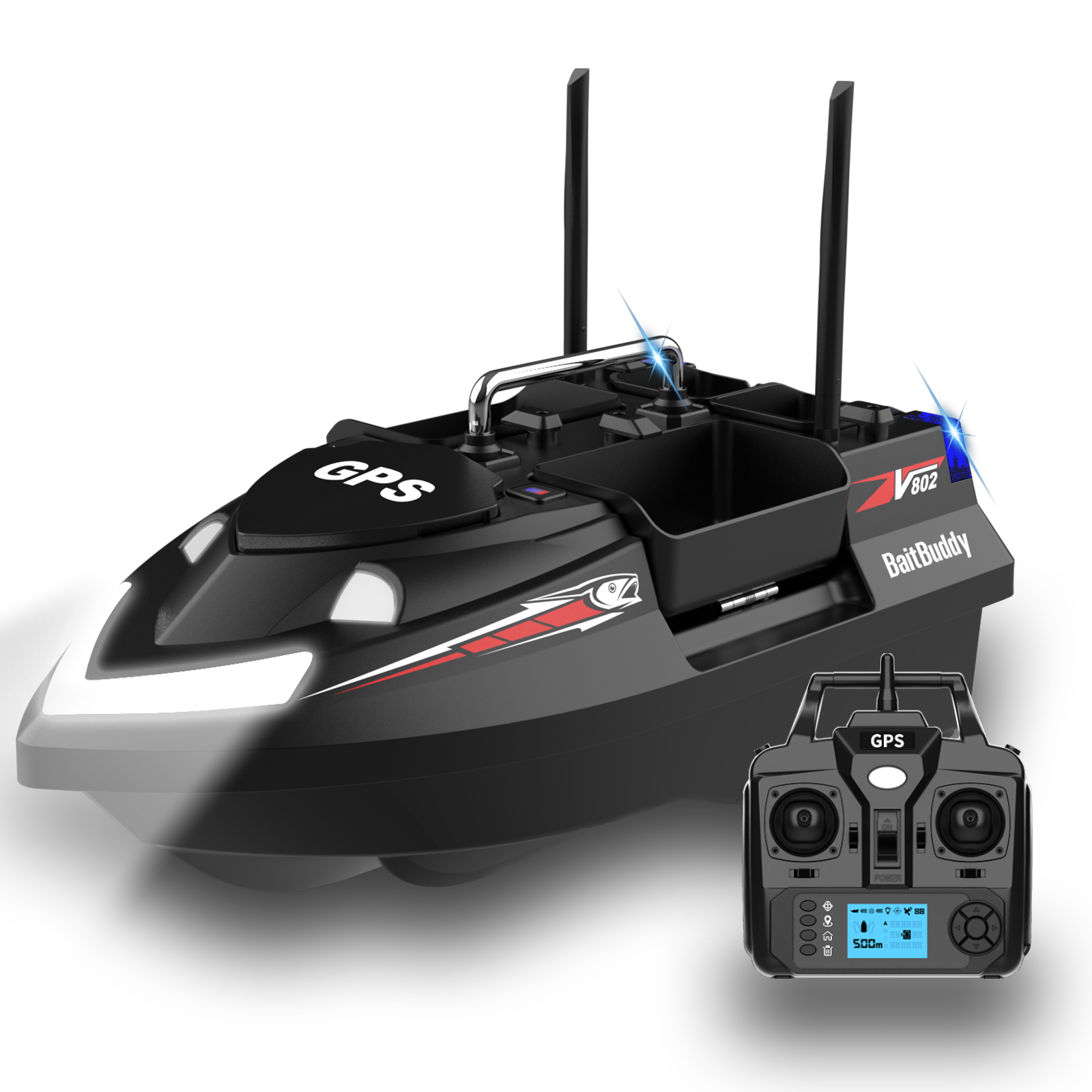 Flying V802 PRO,GPS & Fishfinders,Beidou intelligent calibration system,Four hoppers,3KG Bait Load,500M control distance,Dual power cords,One click return,Cruise control,Low battery reminder,160 fishing points,Hook attach & fishing line sending