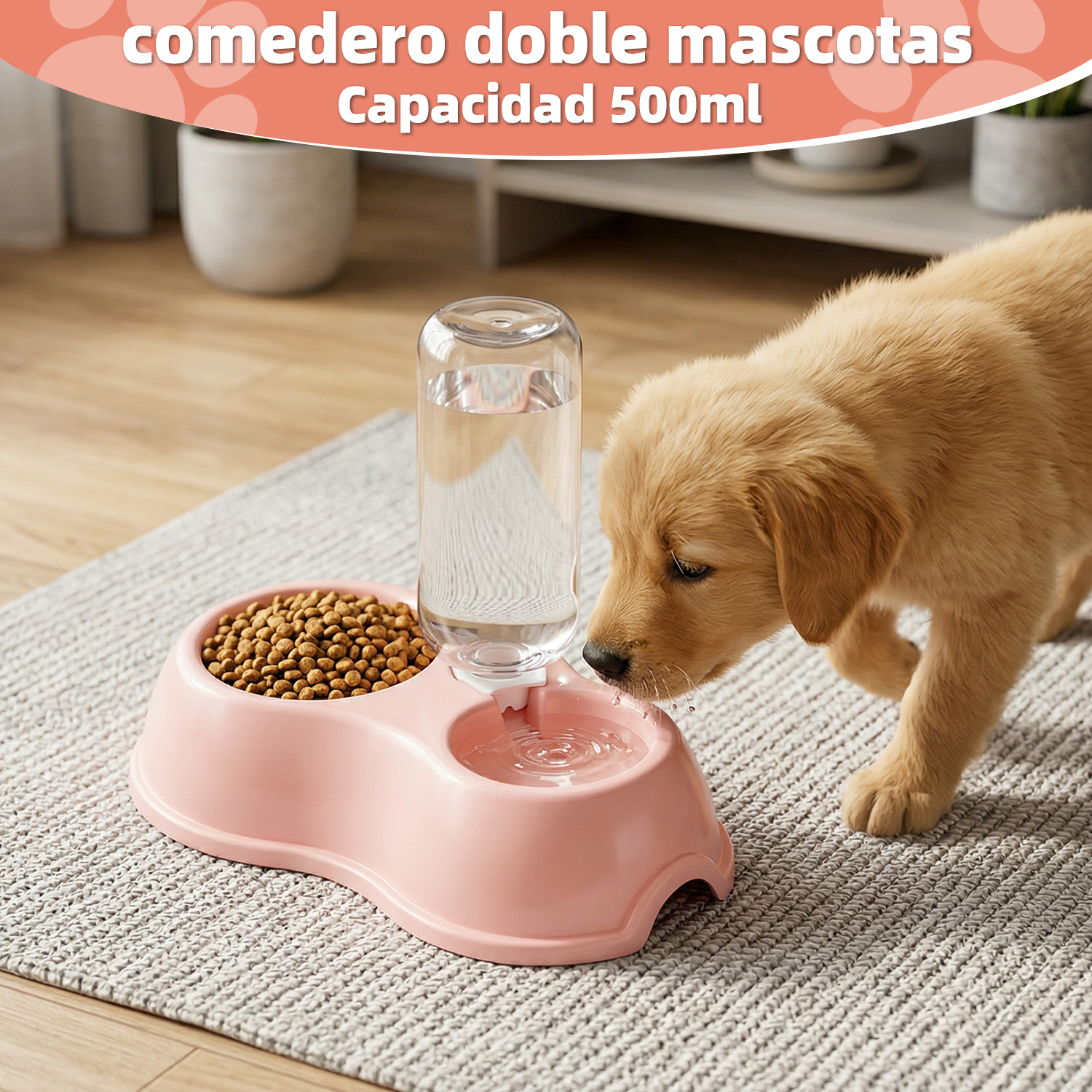 TopRed | Mascow Comedero Doble para Perros y Gatos con Bebedero Automático 500ml, Plato de Alimento y Agua para Mascotas Base Antideslizante