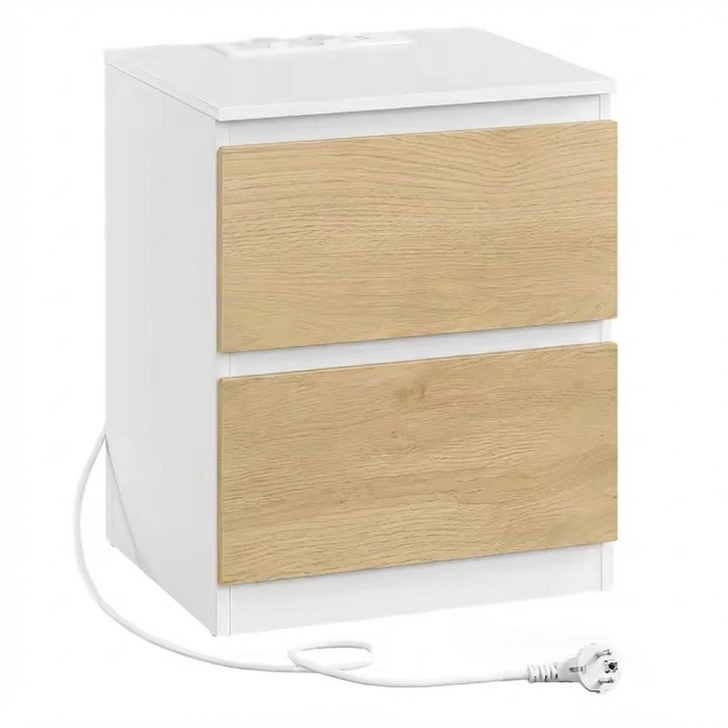 ORION91® - Mesita de noche con regleta, 2 cajones, 2 enchufes, 2 puertos USB-A y cable de 2 m, blanco nube, dormitorio y salón - spaziOrion91