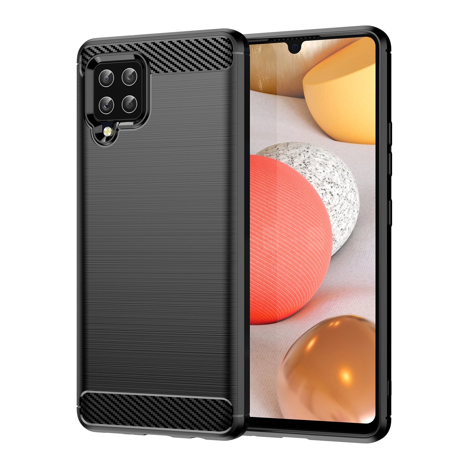 Funda para móvil Samsung Galaxy A42 5G Carcasa Protectora Antigolpes Silicona Negra Diseño Fibra de Carbono Resistente Absorción de Choque [Compatible Carga Inalámbrica]