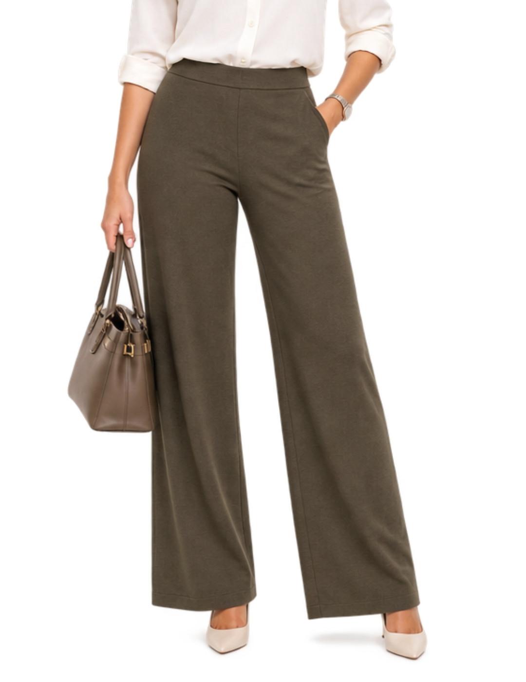 Pantalón Vila Polly verde punto wide leg para mujer