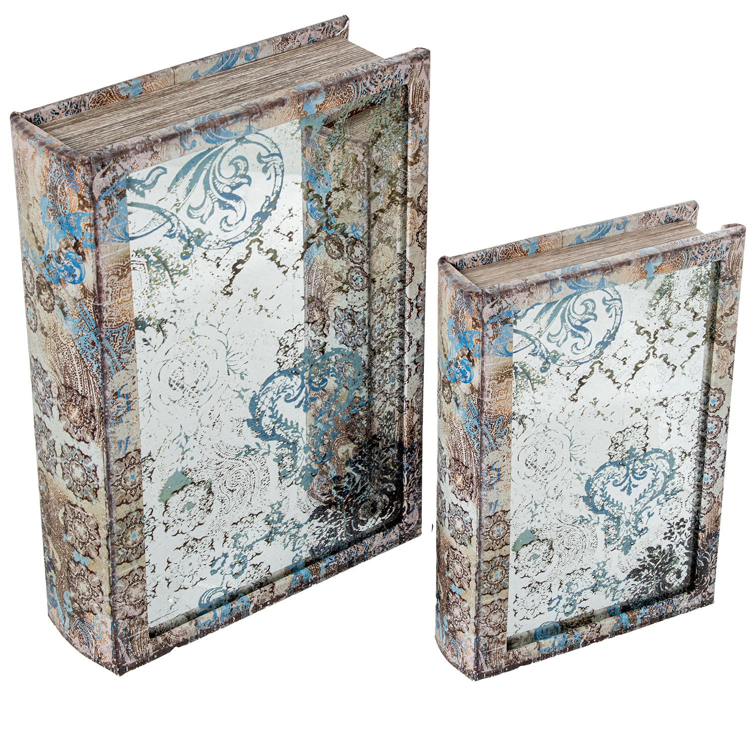 Set 2 cajas libro madera dm con espejo, interior terciopelo 30x20x7 y 24x16x5cm