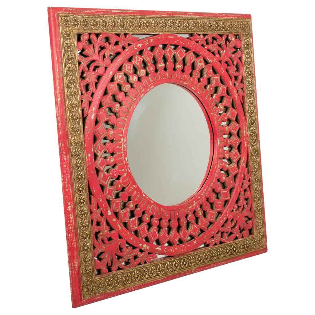 Wonderlust Deco - Espejo de madera artesanal rojo 60,5x1,5x60,5 cm Rojo 60,5x1,5x60,5 cm
