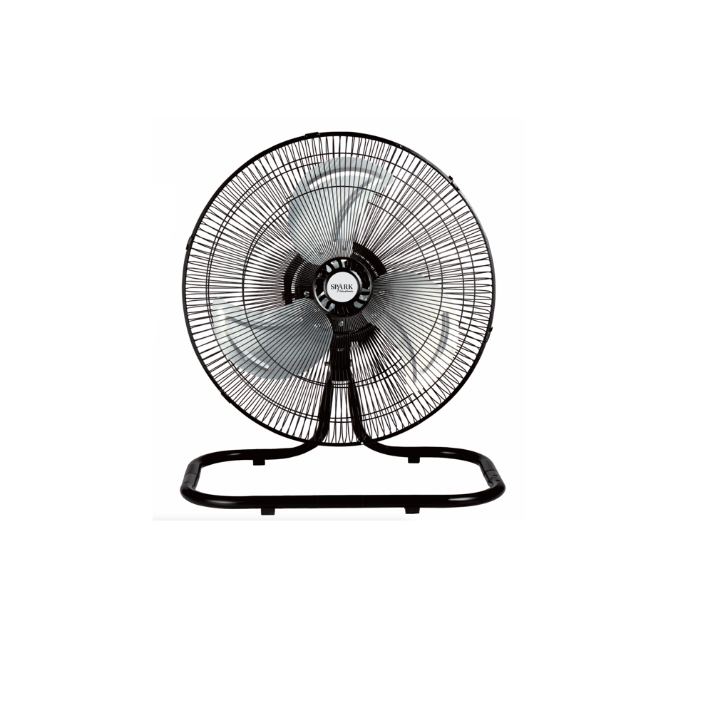 SPARK-VENTILADOR DE SUELO. 10 PULGADAS. CON 3 ASPAS DE ALUMINIO. AJUSTE DE 3 VELOCIDADES. POTENCIA 40W. PARRILLA Y BASE REVESTIDAS DE NEGRO. INCLINACIÓN AJUSTABLE.