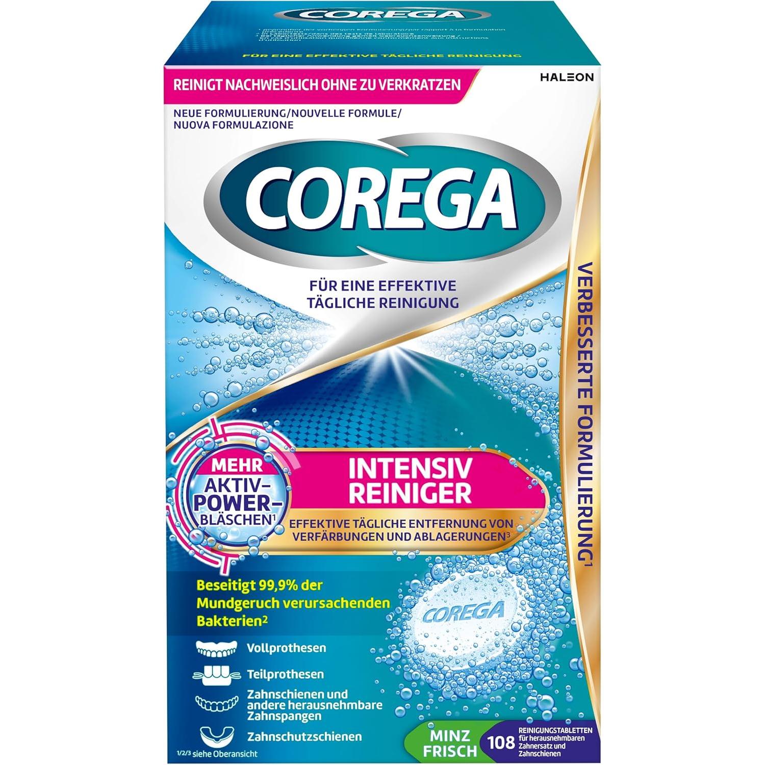 Corega Tabletas para Limpieza Profunda de Prótesis Dental, retenedores y alineadores, guías de protección bucal y otros aparatos ortopédicos extraíbles, 1 x 108 unidades.