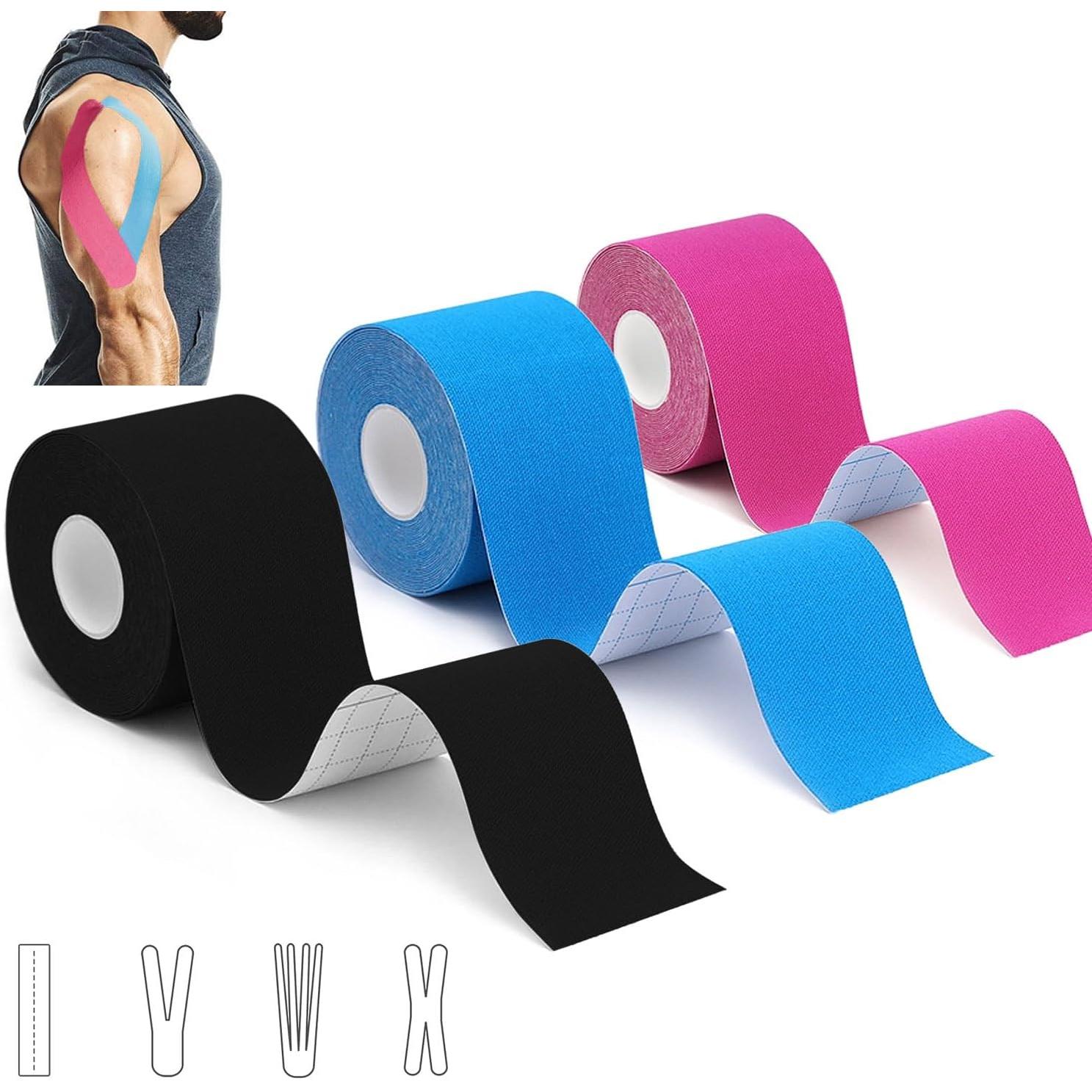 3 Rollos Cinta de Kinesiología Kinesiotape Set 5 m x 5 cm,Cinta deportiva elástica terapéutica para hombros, rodilla, codo, alivio del dolor, sin látex, resistente al agua, transpirable
