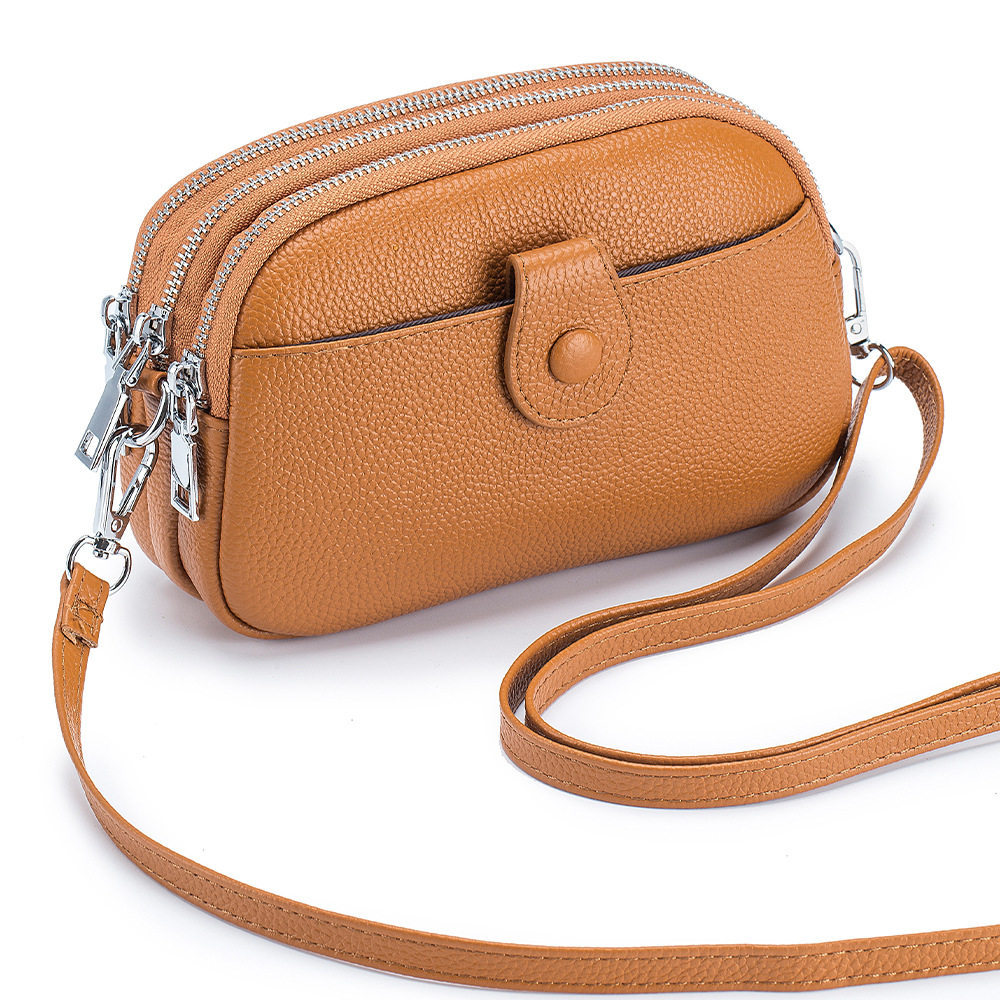 Bolso bandolera pequeño de piel auténtica para mujer, 3 compartimentos con cremallera, 1 bolsillo frontal
