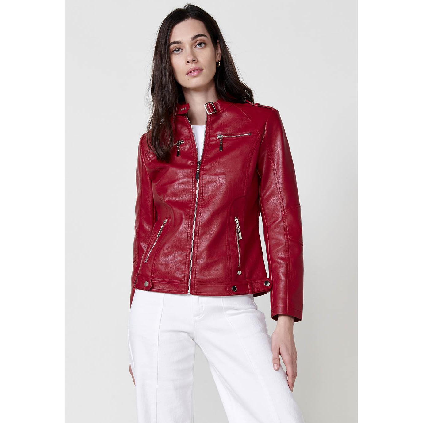 Koroshi - Chaqueta mujer efecto piel motera con cremallera delantera, cuello mao y bolsillos, 100% poliéster, negro/rojo/crudo