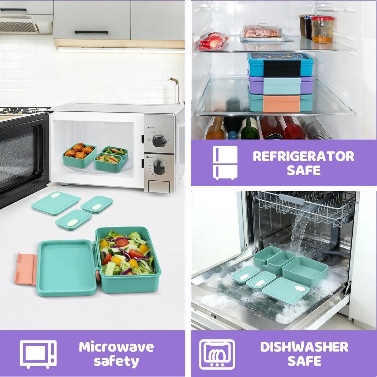 Fiambrera infantil tipo bento de 1200 ml - Fiambrera 3 en 1 con compartimentos - Fiambrera a prueba de fugas para el colegio y actividades extraescolares - Fiambrera apilable con asa - Libre de BPA - Morada