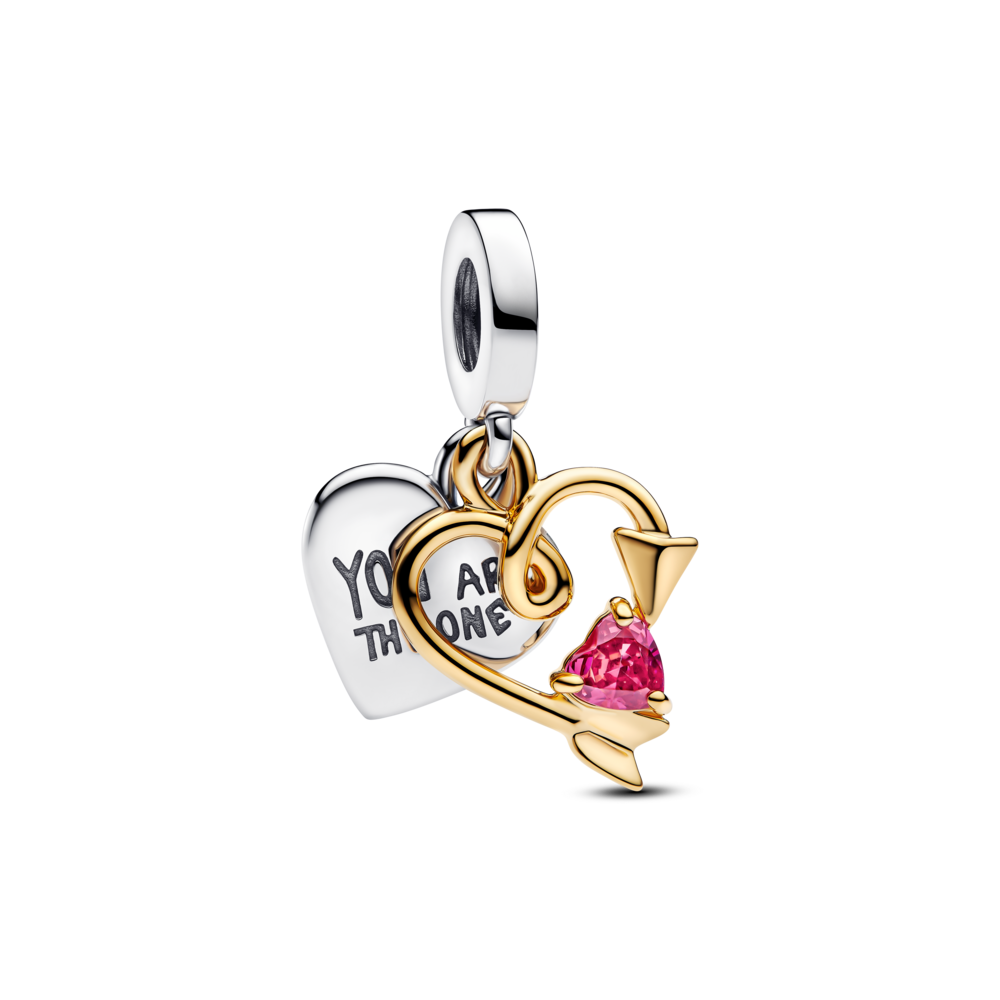 Charm Colgante Pandora Doble Corazón Grabable Y Flecha Bicolor