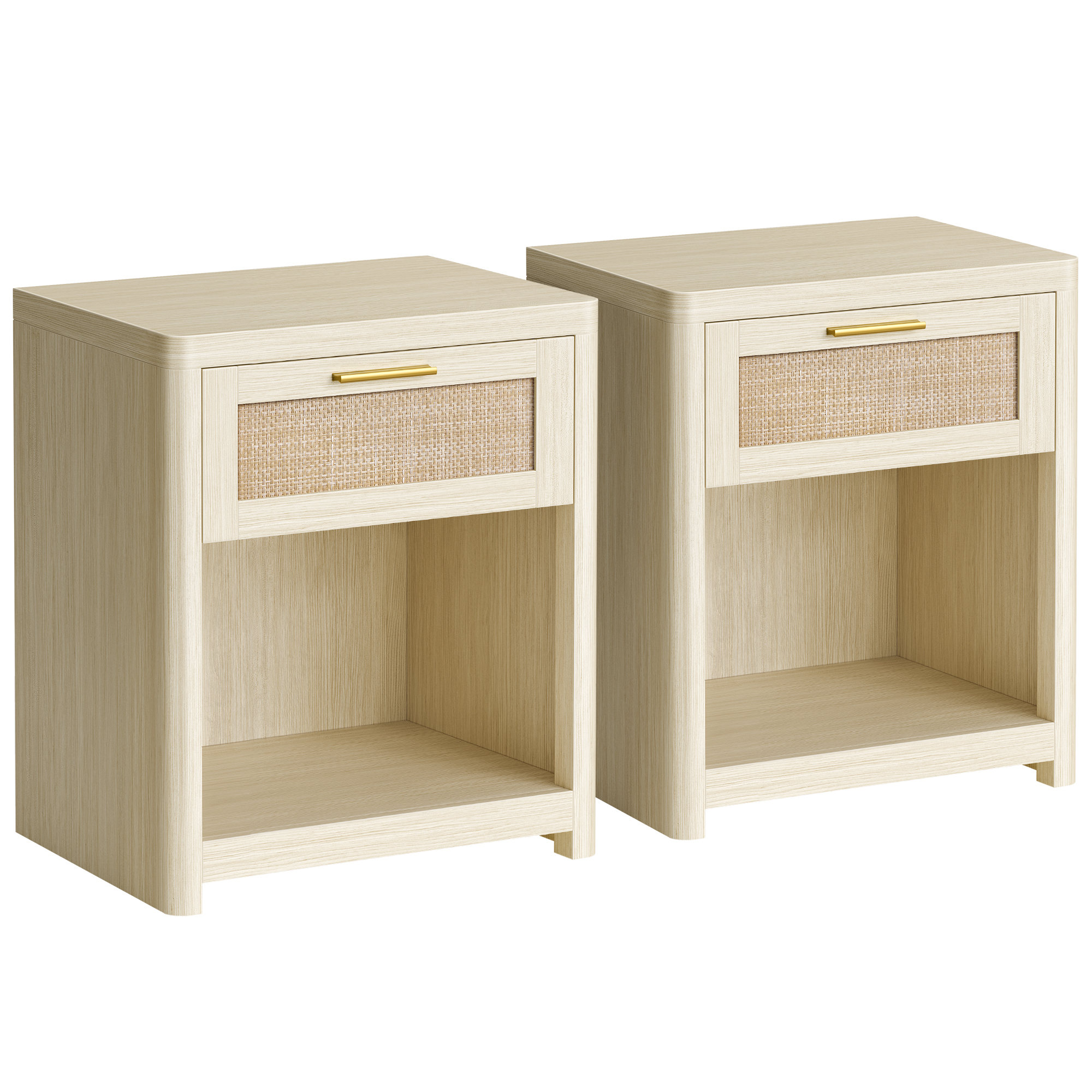 VASAGLE ELLAN Colección - Mesitas boho con Cajón Efecto Ratán, Juego de 2, Mesas Auxiliares con Compartimento Abierto, Esquinas Redondeadas, Dormitorio, Beige Natural