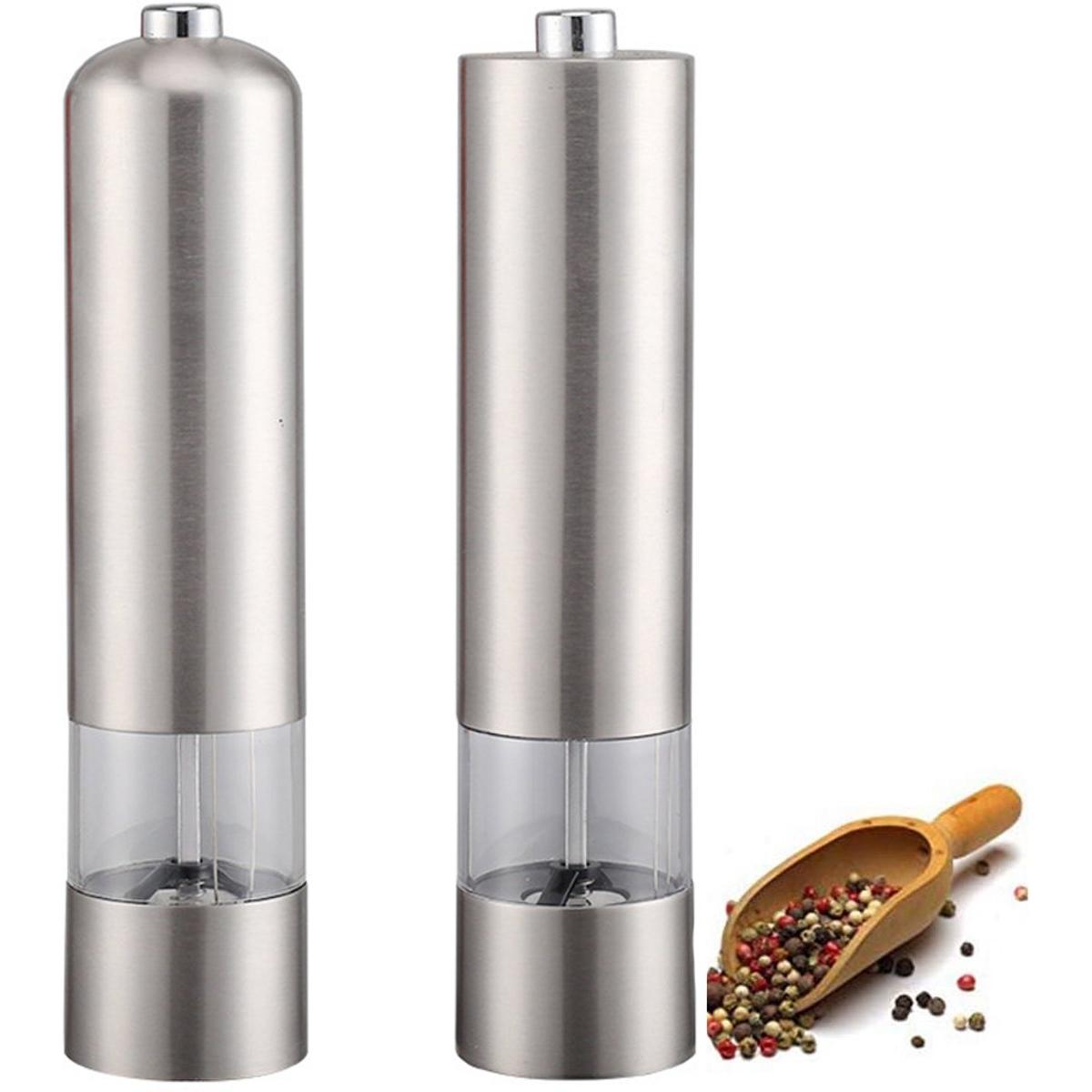 Juego de molinillos eléctricos de sal y pimienta - 2 piezas - Grado de molienda ajustable - Molinillo de sal de acero inoxidable - Molinillo de pimienta a pilas - Molinillo de especias - Molinillo de pimienta - Molinillo de sal - Plateado