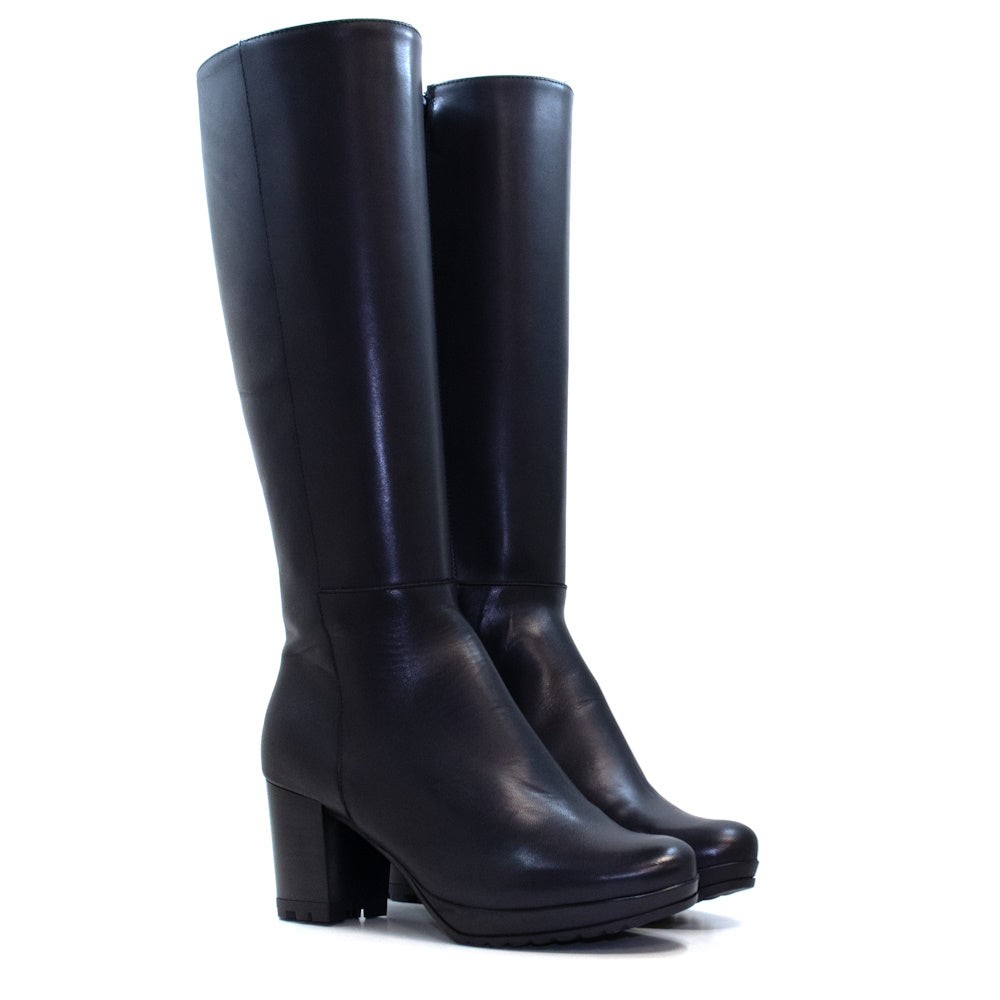 Botas Altas Mujer Elodie Marino: Piel, Tacón Ancho 70mm, Suela Dentada, Diseño Elegante y Versátil, Hechas en España, Tallas 35-42