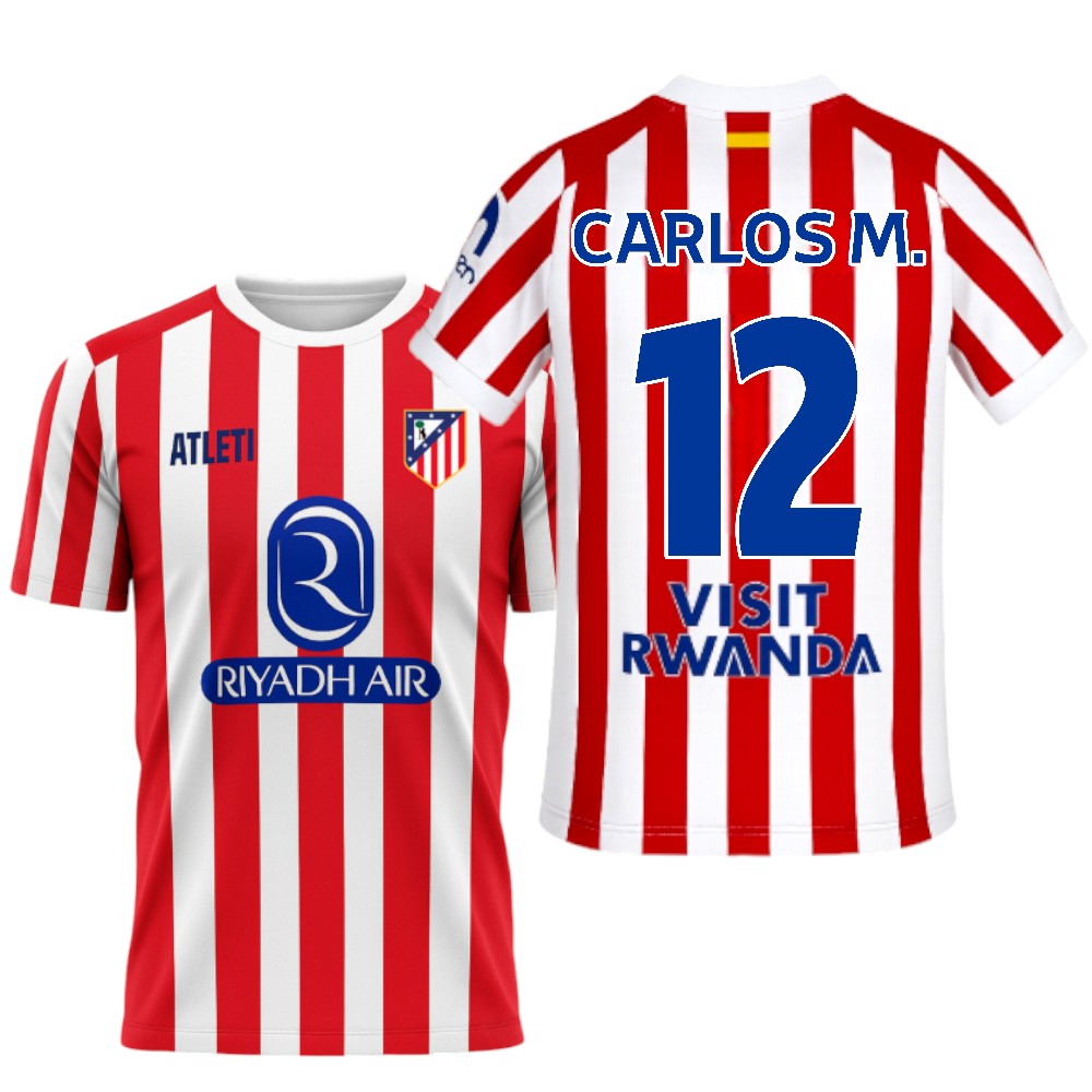 Atletico de Madrid - Camiseta Carlos M. 25-26 | Dorsal 12 Estilo Jugador | Rayas Rojas clásicas | Tejido técnico Transpirable