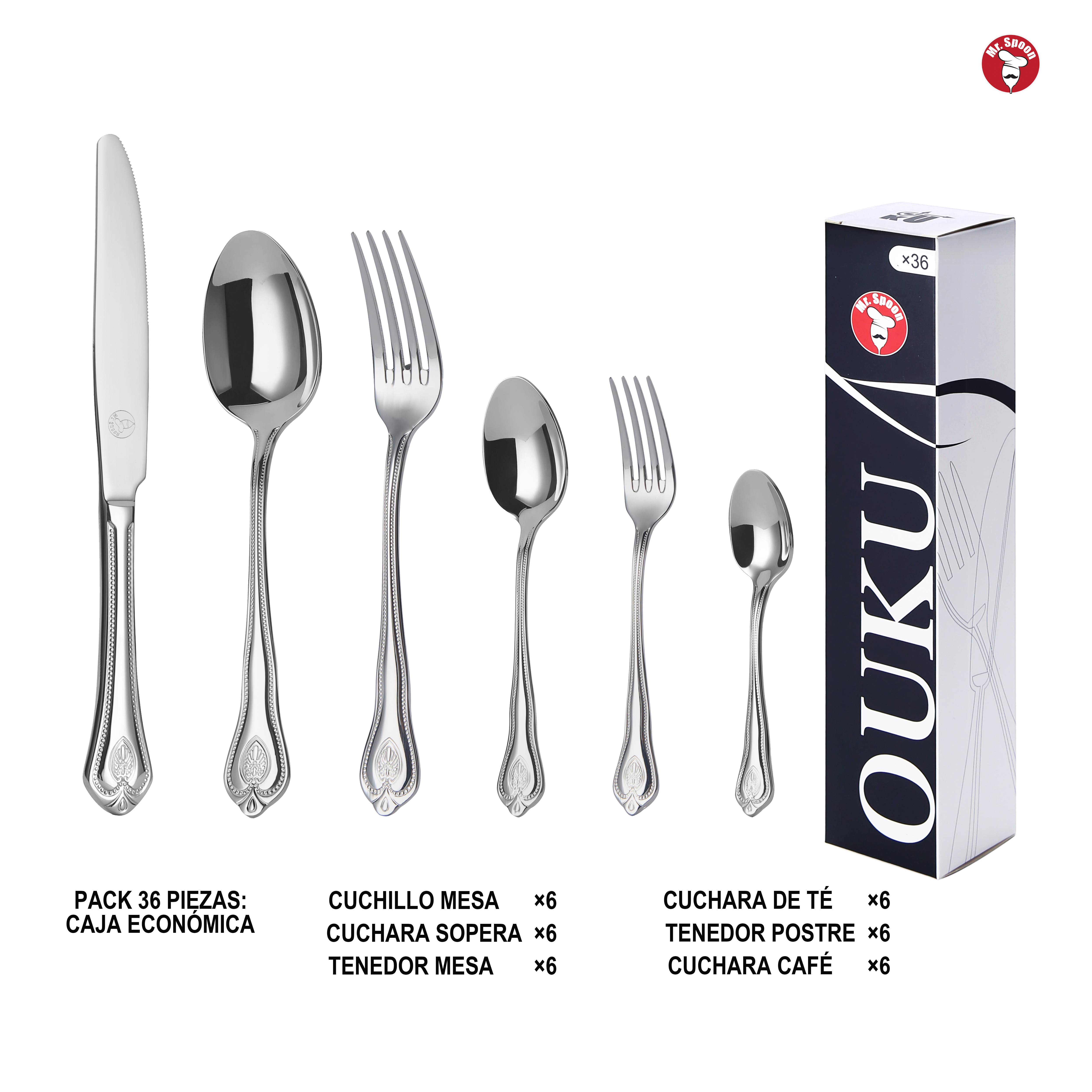Mr. Spoon Serie Hielo Juego 20, 30 o 36 piezas cubiertos, Acero inox18/10 ,Alta calidad y acabado. Incluye cuchillo de carne o mesa,tenedor,cuchara,cucharilla,etc. Diseño moderno y elegante,apto para lavavajillas.Caja ecológica,Para Casa,Hotel,Restaurante
