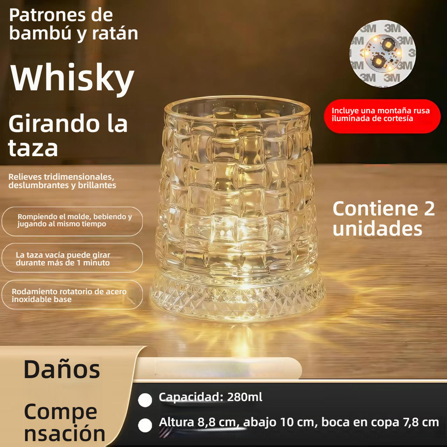 Set de vasos de vidrio giratorios con luz, tendencia en redes sociales, ideales para el hogar, diseño elegante y llamativo.