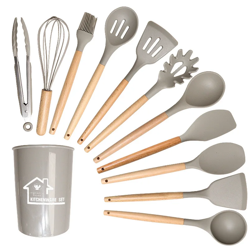 TK Set De Utensilios De Cocina Ecológicos De Silicona 12PCS Con Manos De Madera Antiadherentes Para Revólver