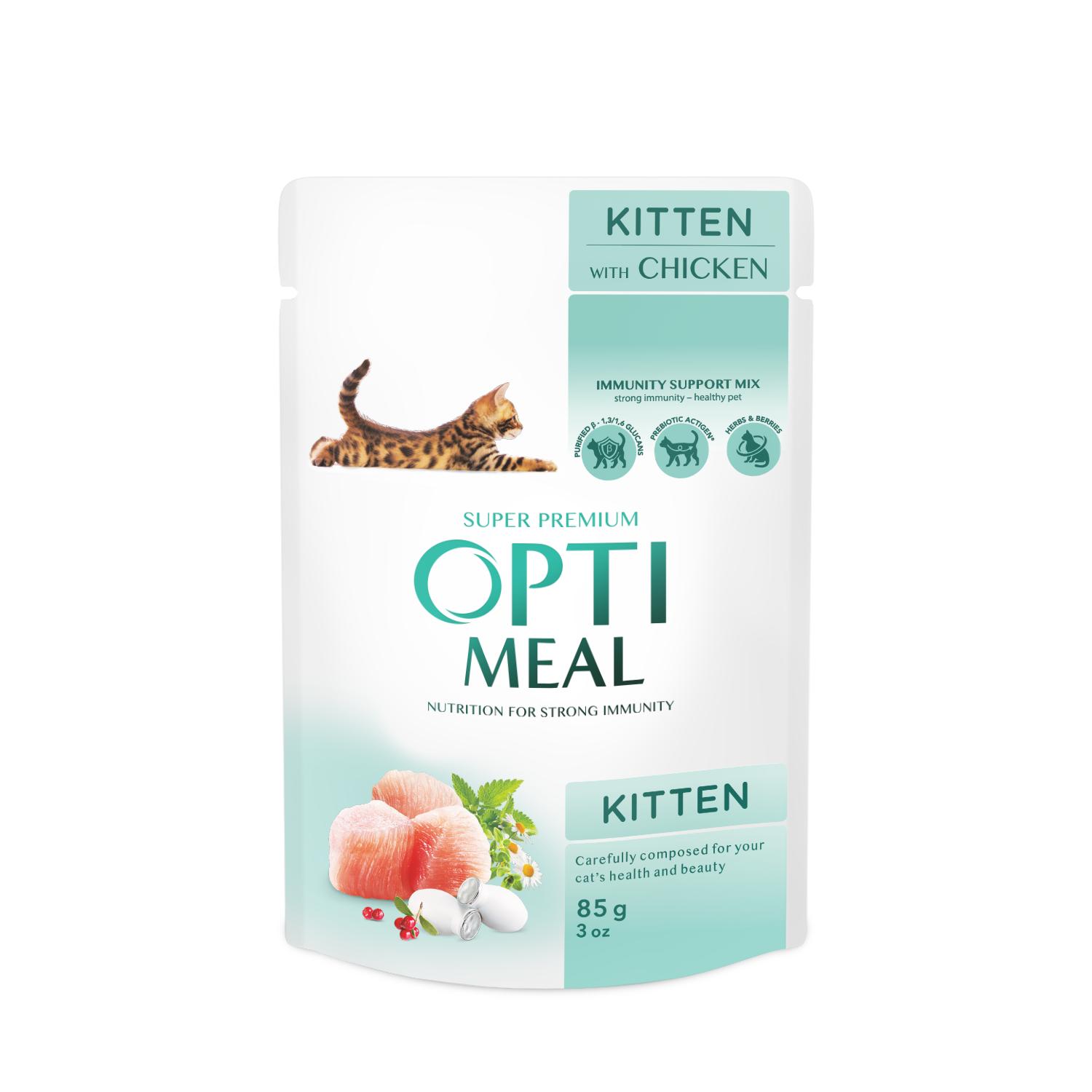 Comida húmeda completa para gatitos OPTIMEAL con pollo en salsa , Pack 12*85g