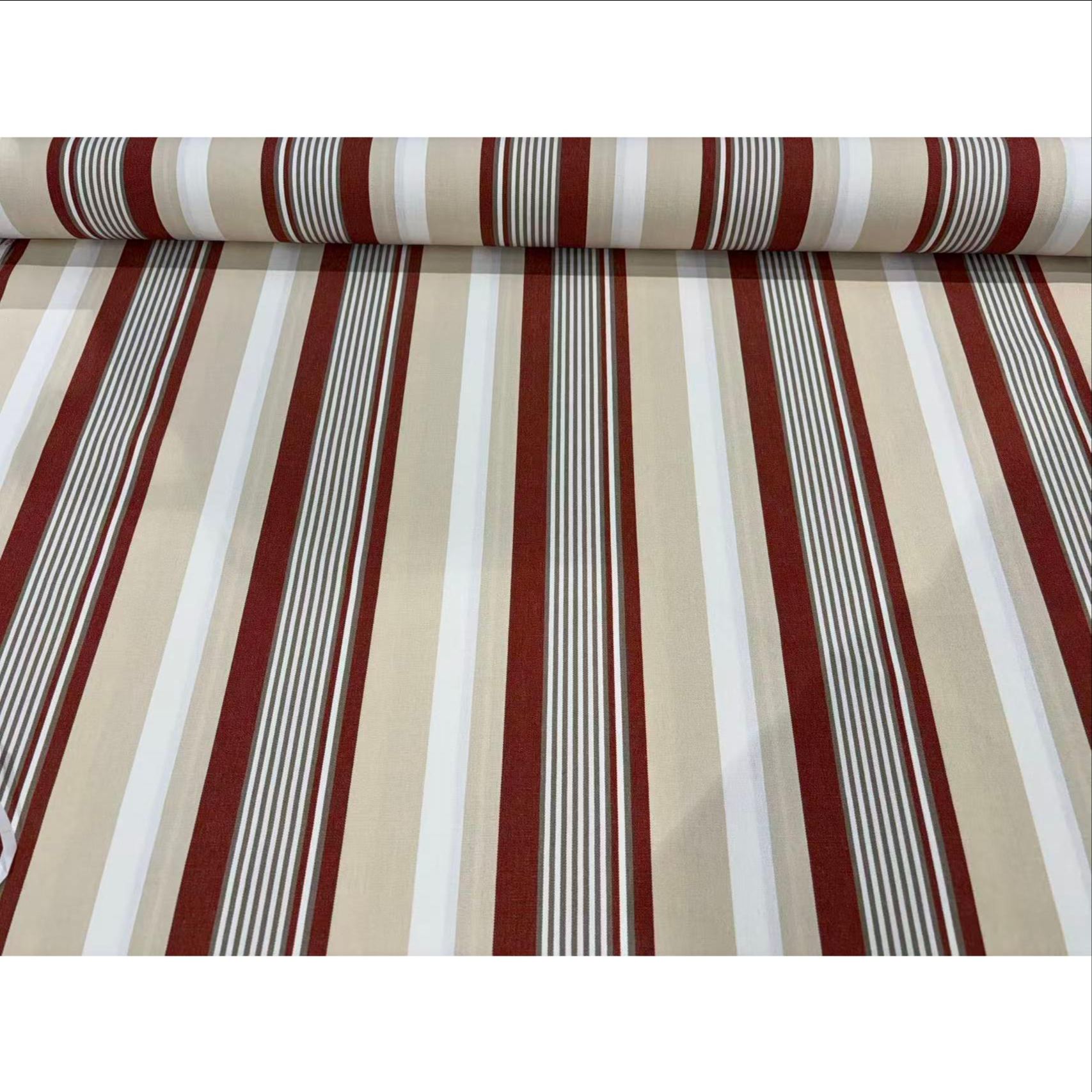 Tela para Toldo con Acabado Teflón - Diseño rayas granate, beige y blanco - Disponible en 1m, 3 m, 5 m, 8m y 10 m