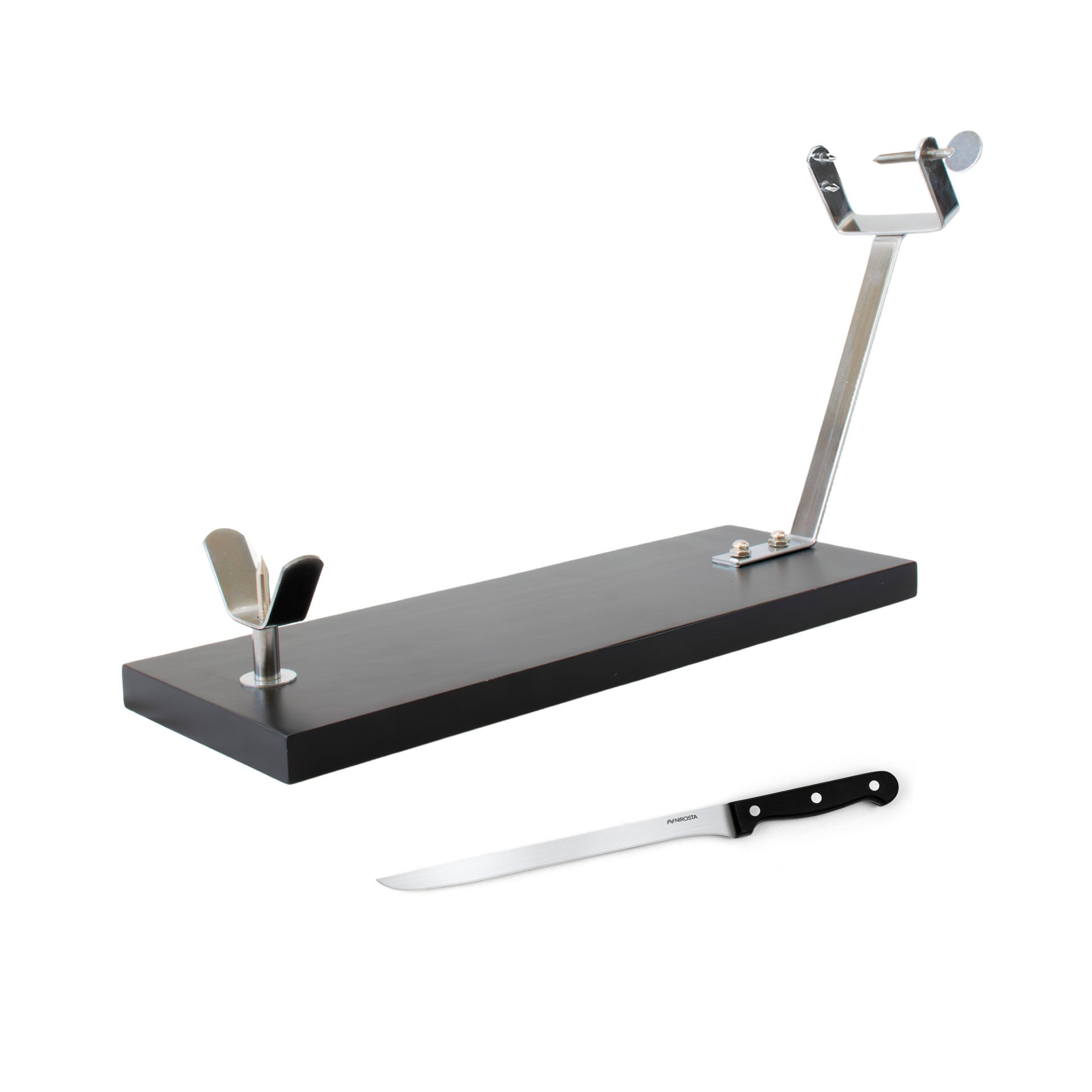 Fackelmann Set Soporte Jamonero XXL Negro, 48x34 cm, Especial Jamones Grandes, Incluye Cuchillo Jamonero 24/36 cm