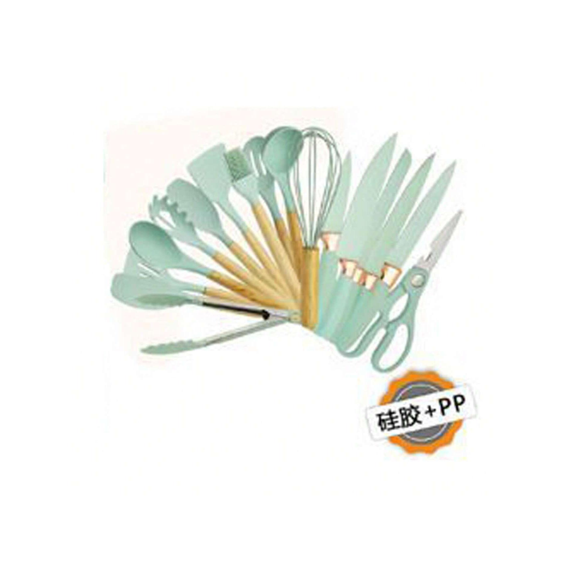 Set de Cubiertos y Utensilios de Cocina 19 Piezas con Cuchillos, Tabla para Picar, Tijeras, Batidor, Espátulas y Organizador | Material de Silicona y PP | Alta Resistencia al Calor | Disponible en Gris, Rosa y Negro | Ideal para Hogar, Regalo de Boda o M