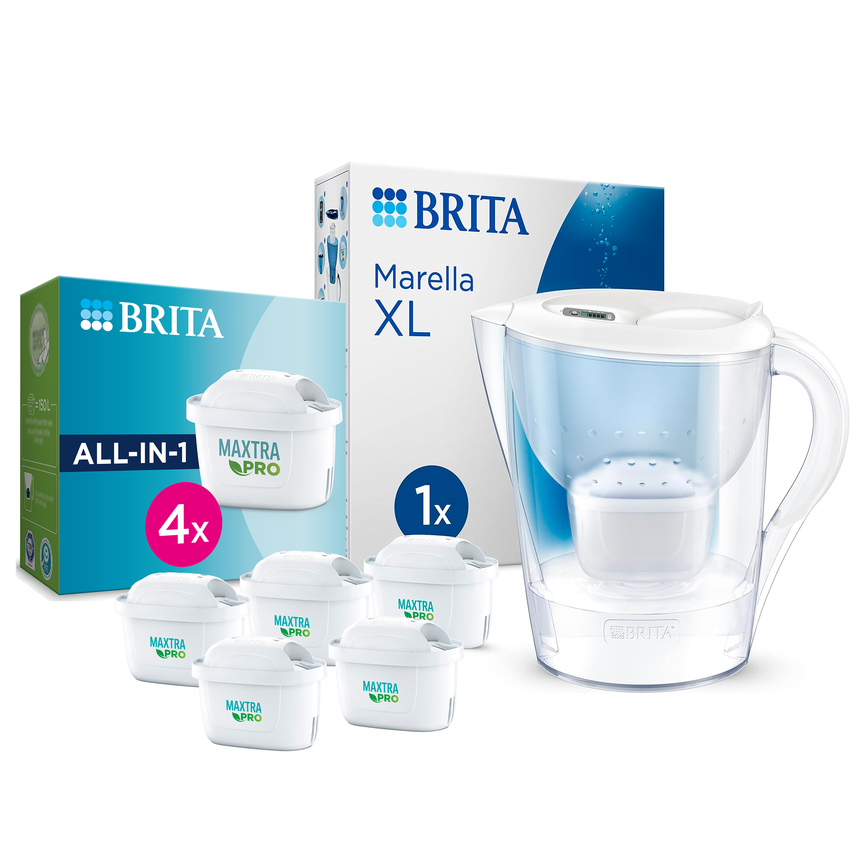 BRITA Jarra Filtrante, Modelo Marella XL + 5 Filtros MAXTRA PRO | Capacidad 3,5L | 150L agua filtrada | Sin BPA | Apta lavavajillas | Indicador Memo | Reduce cal, cloro y metales | Diseño sostenible