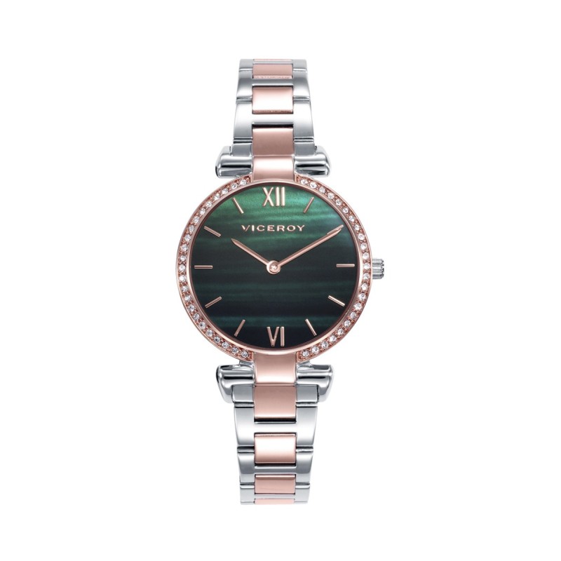 Reloj Mujer Viceroy 42446-63 - Bicolor IP Rosa, Esfera Verde, Circonitas, 32mm