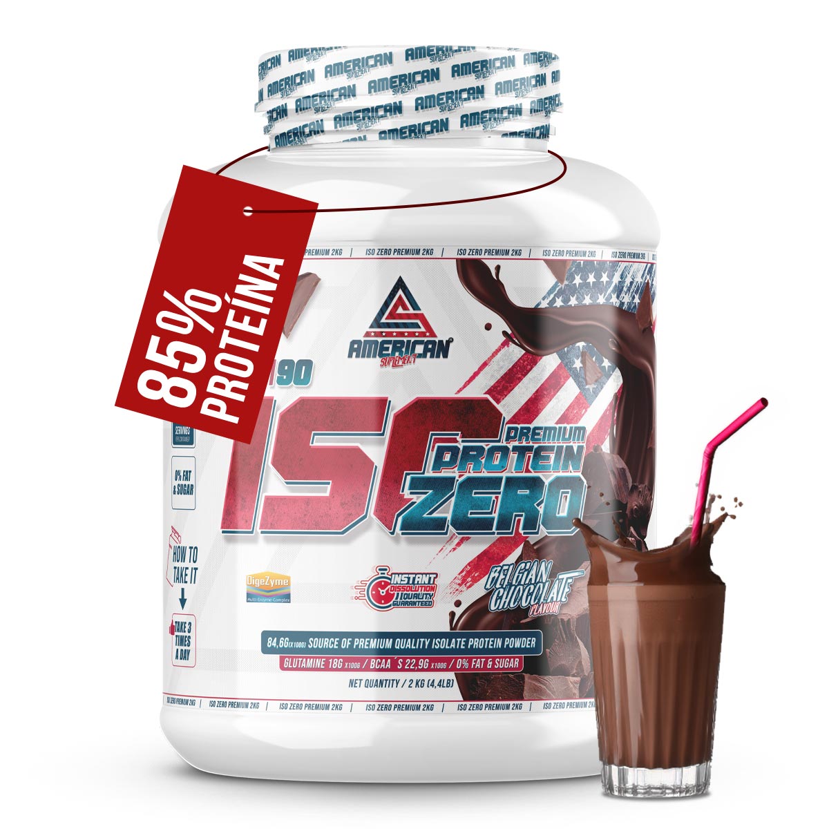 Proteína Aislada de Suero 2kg | 900gr | 0% Azúcares y 0% Grasa | Alta Pureza 89% | Bajo en Carbohidratos | Iso Whey Zero para Masa Muscular | Fácil Digestión con DigeZyme | Sabor Exquisito | Fabricada en España | As American Suplement