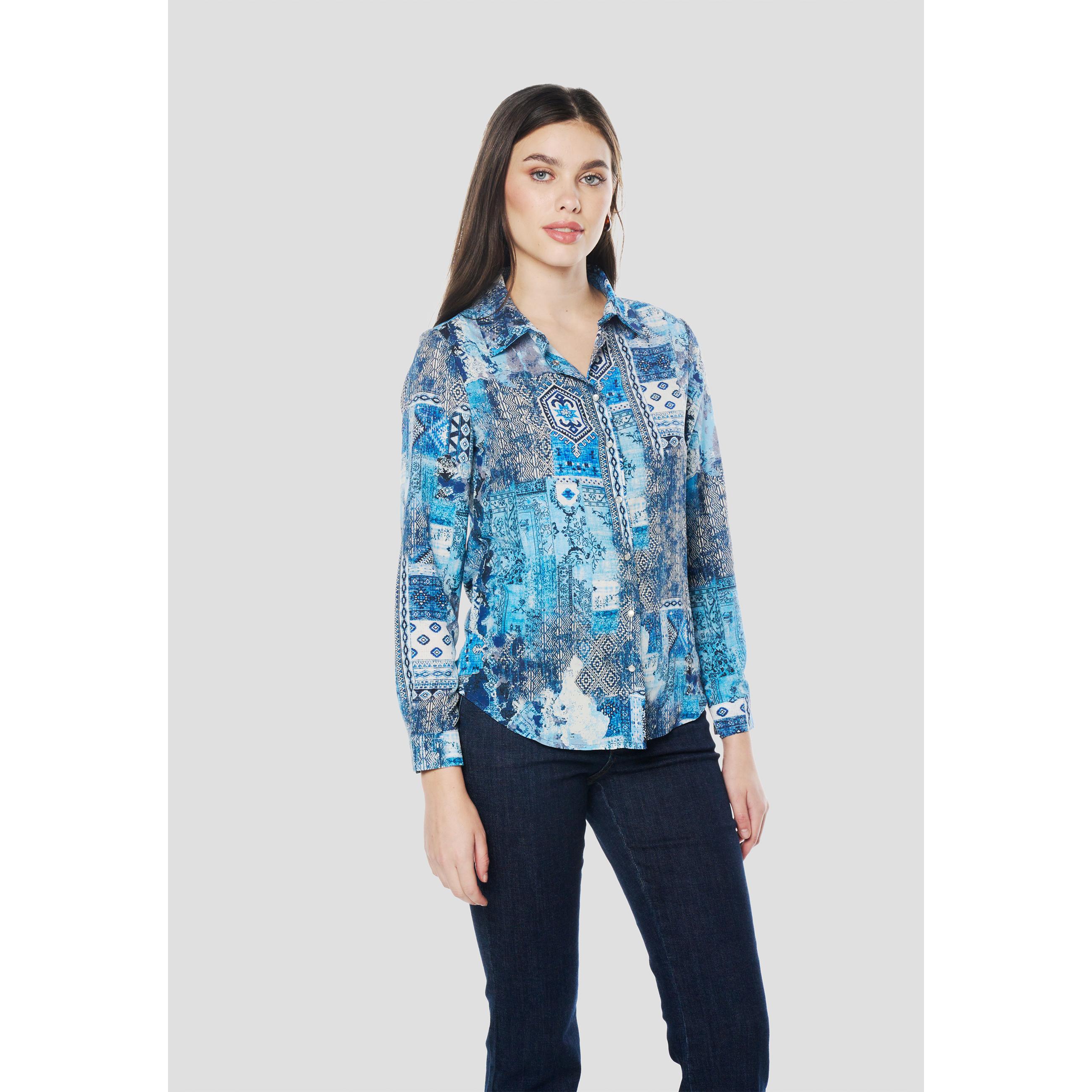 Koroshi - Camisa mujer manga larga estampado cachemir paisley de viscosa y poliamida para look versátil oficina o casual