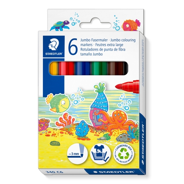 Staedtler noris jumbo 340 pack de 6 rotuladores jumbo - punta de fibra - trazo 3mm - tapa ventilada - colores surtidos