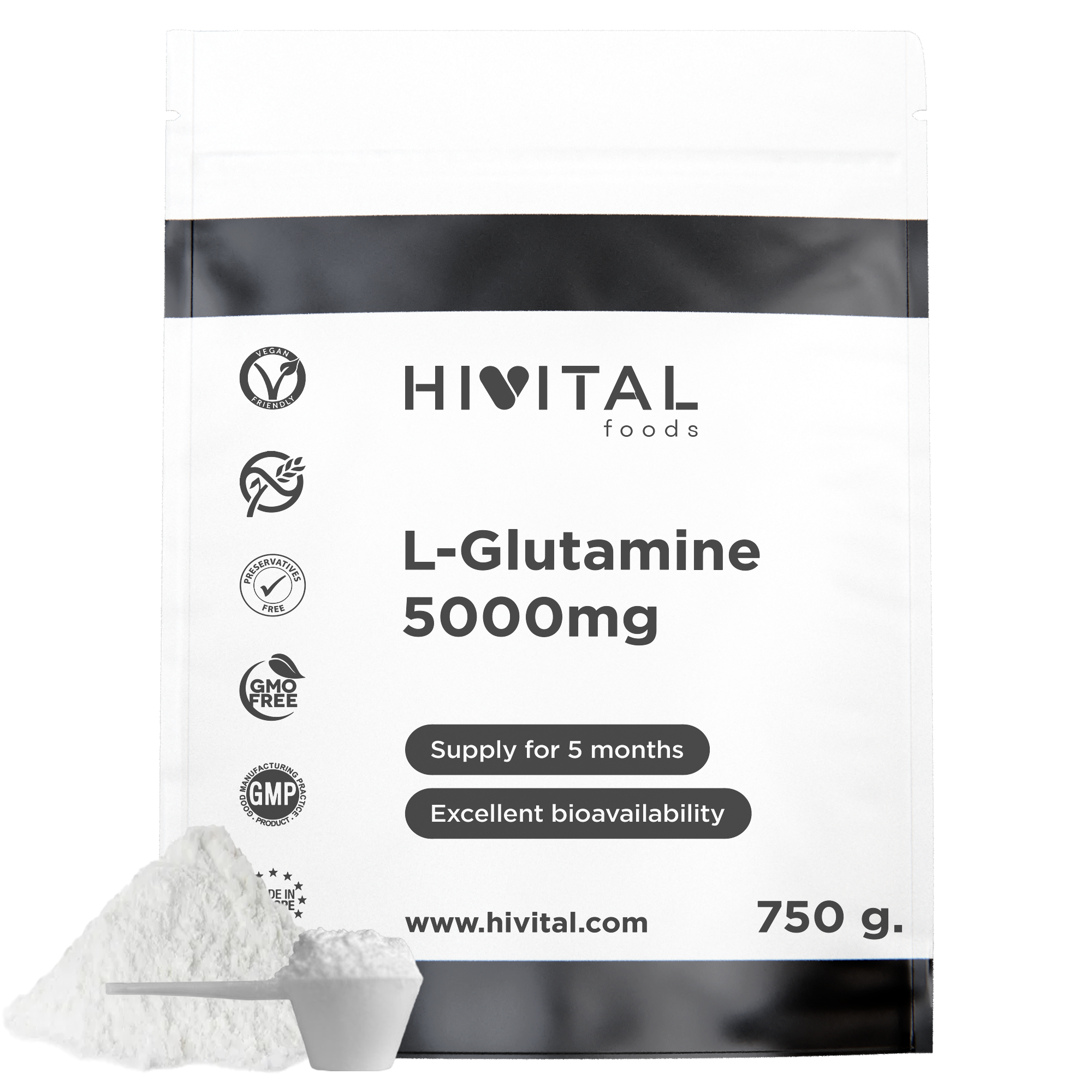 L-Glutamina 5000 mg | 750 gramos de polvo vegano