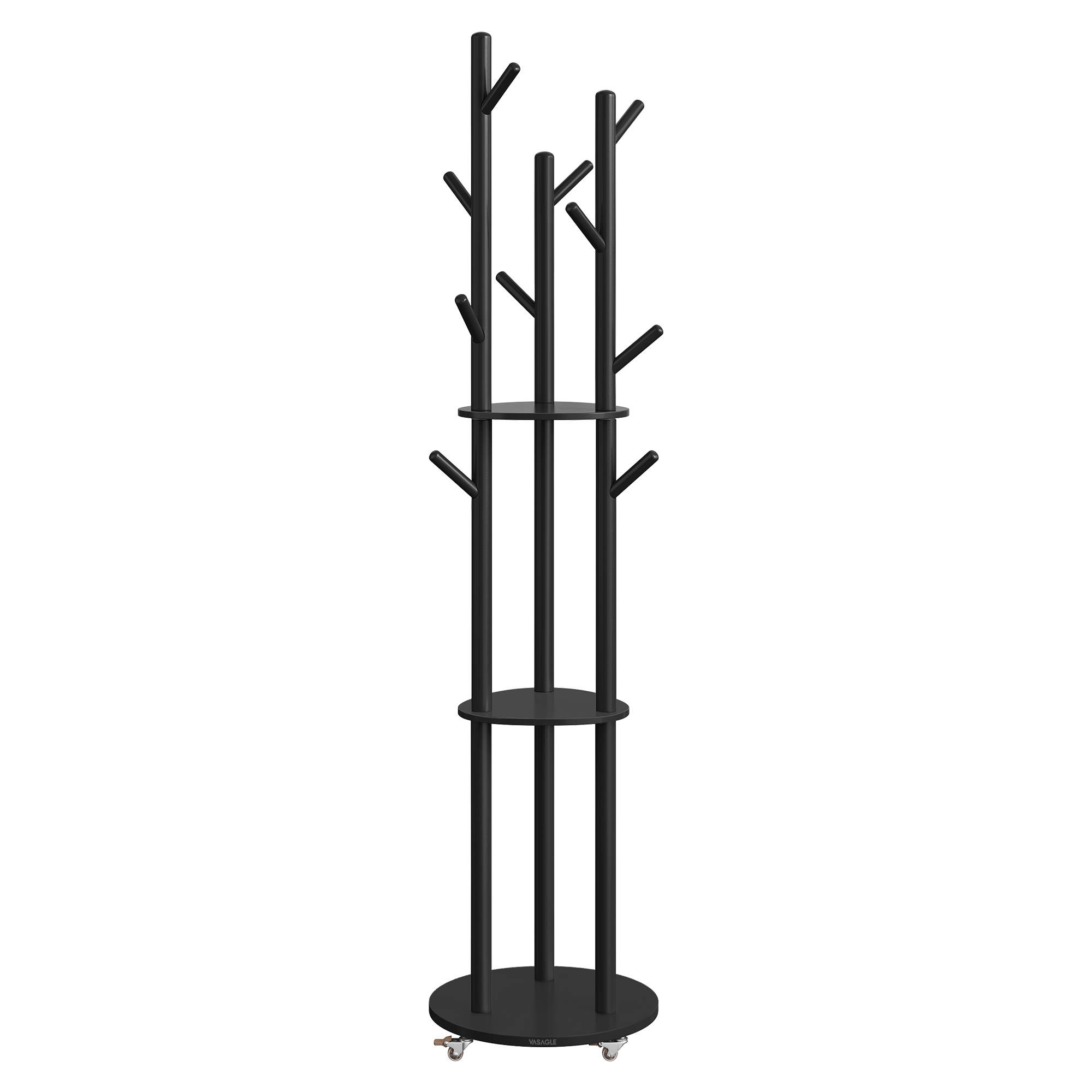 VASAGLE Perchero de Pie, Perchero con 11 Ganchos y 3 Estantes, 4 Ruedas Giratorias de 360° y Extraíbles, Ganchos y Postes de Madera, para Entrada Dormitorio Salón, Negro Tinta/Blanco Nube/Natural, Regalo de Navidad