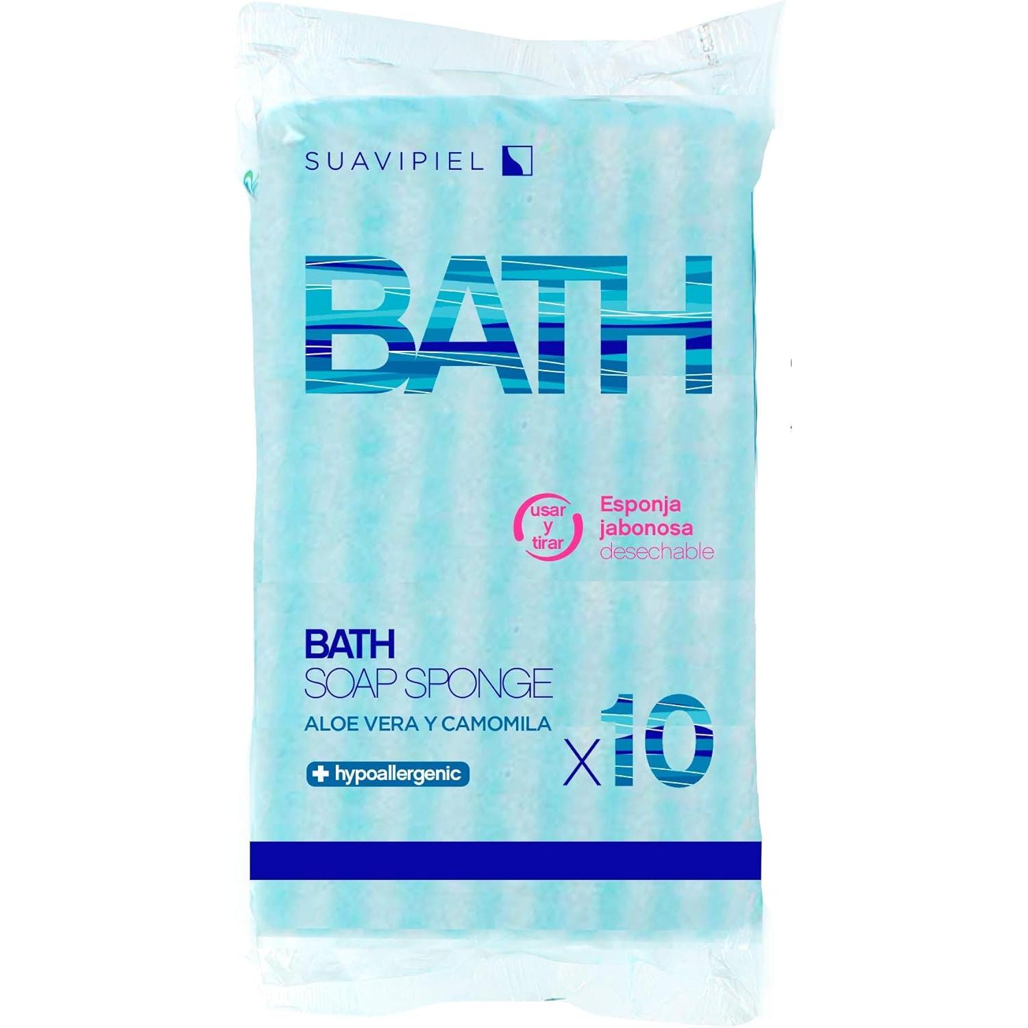 120 Esponjas Jabonosas Desechables con Aloe Vera y Camomila – 12x20 cm Grosor Extra – 12 Paquetes de 10 Unidades – Esponjas de Baño para Viaje, Gimnasio y Cuidado de Mayores – Higiene Personal Práctica y Suave – Color Azul