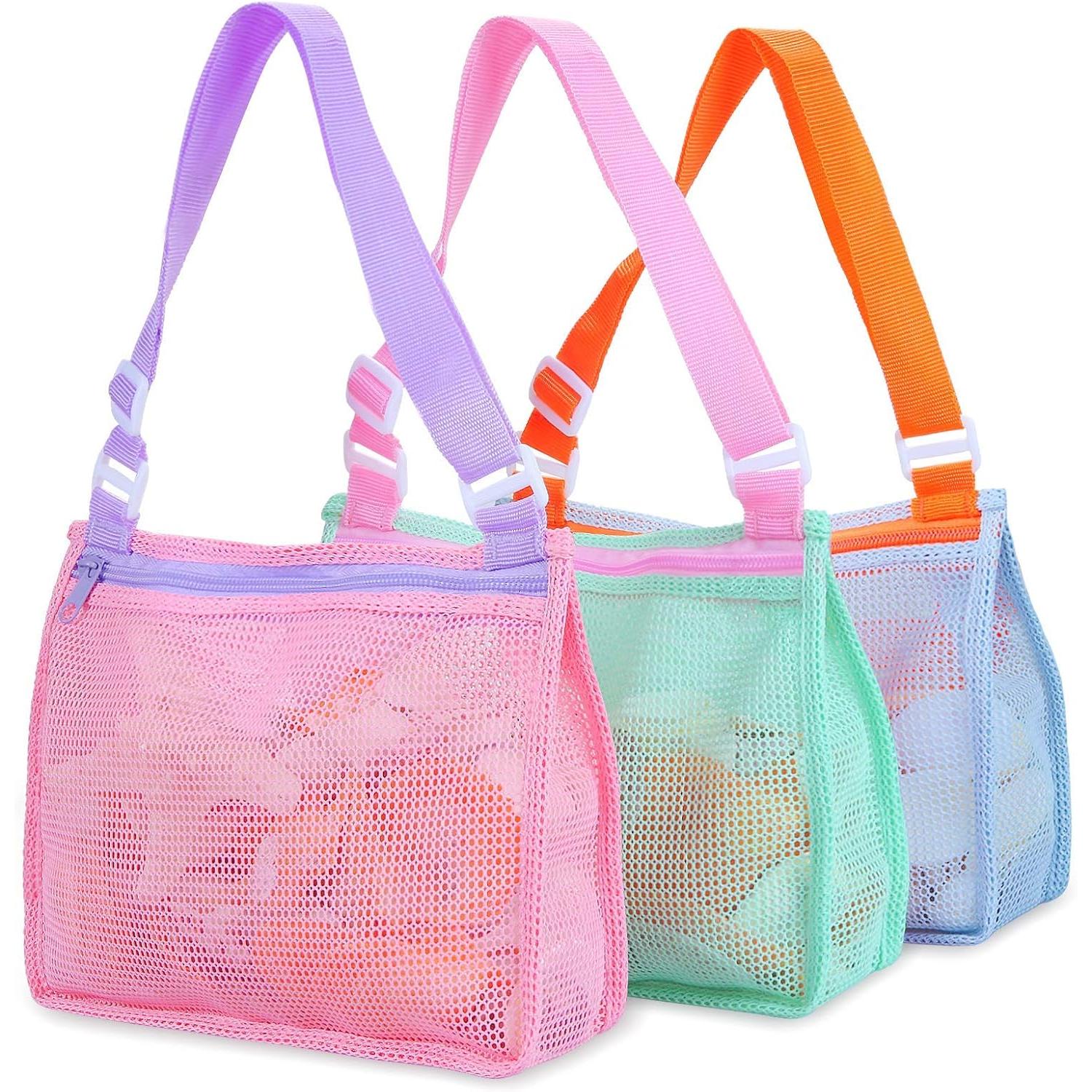 Bolsa de playa de malla para juguetes de playa, bolsa de recolección de conchas para niños, bolsa de arena de playa, accesorios de natación para niños y niñas (solo bolsas, un juego de 3)