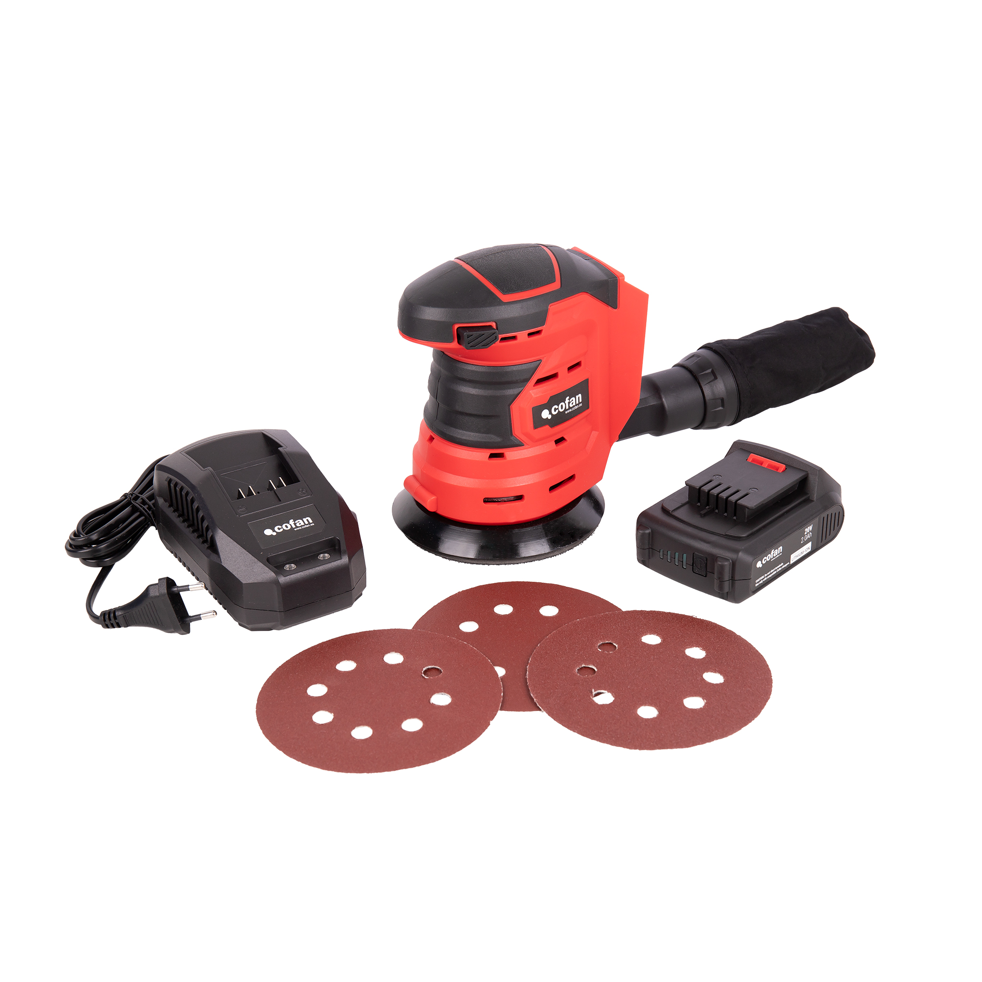 Cofan Lijadora orbital a batería | 10.000 rpm | Sistema de fijación por velcro | Disponible con y sin batería y cargador | Incluye bolsa recogepolvo y 3 hojas de lija