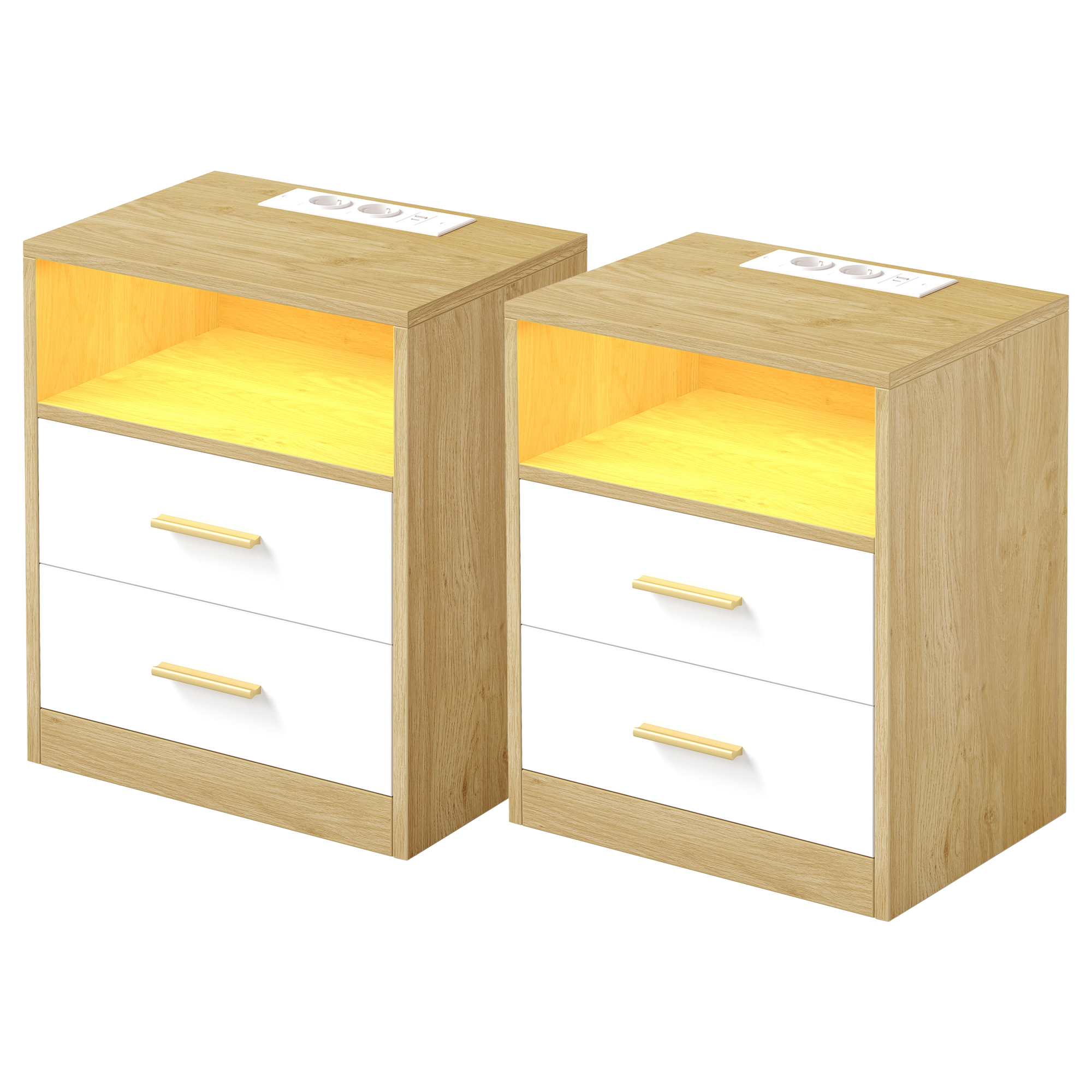 VASAGLE CUSTOS Colección - Juego de 2, Mesita de Noche con Estación de Carga, Luz LED, Mesa Auxiliar con Cajones, Estante Abierto, 2 Tomas CA y Puertos USB, Blanco Nube/Roble Natural