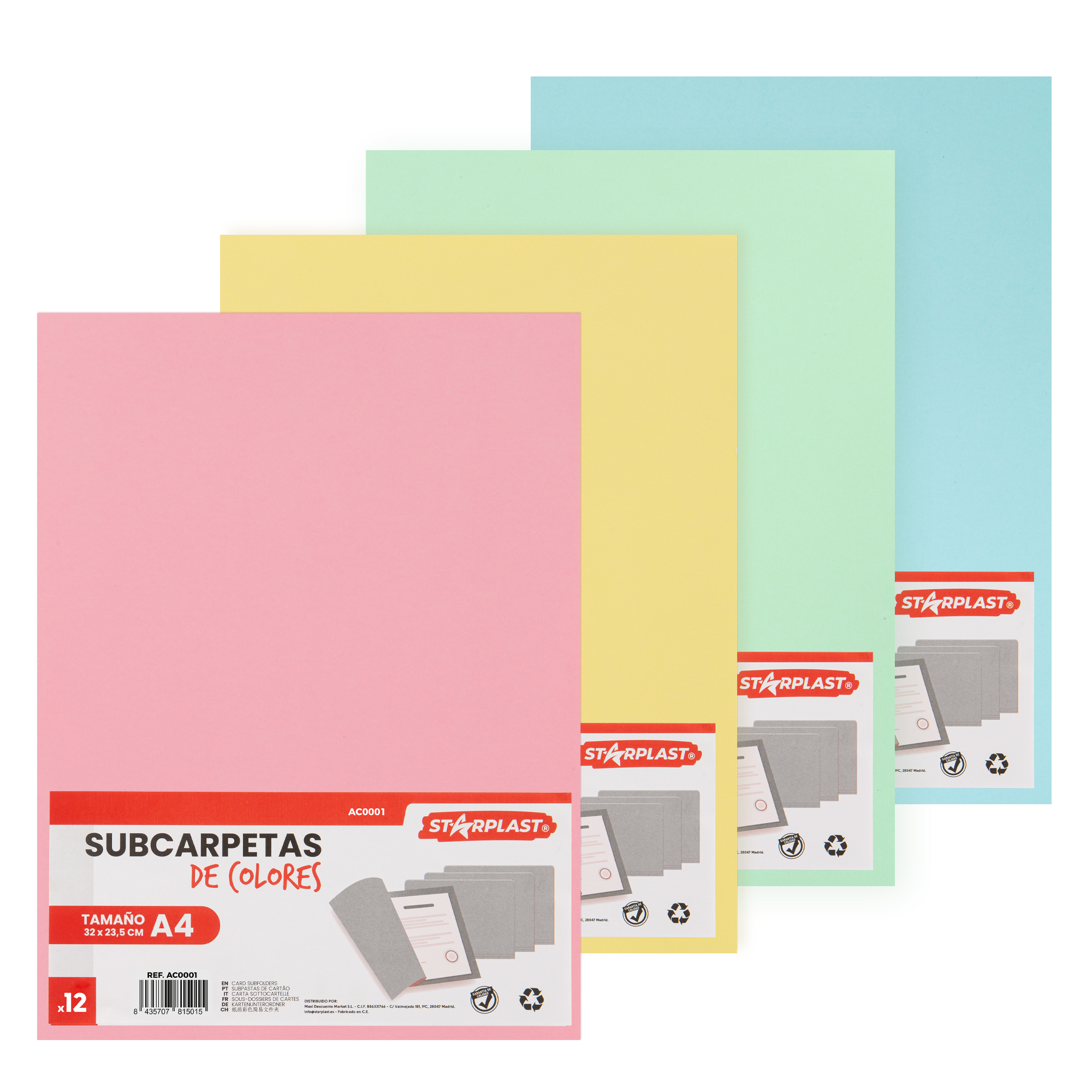 Starplast Pack 16, 24, 100 Subcarpetas colores pastel 160 gr, Tamaño A4, 32x23,5 cm, packs monocolor y surtido, archivos, escuela, hogar, oficina, adulto, instituto, cartón, azul, rosa, amarillo, verde, multicolor, guardar, papeles, informes