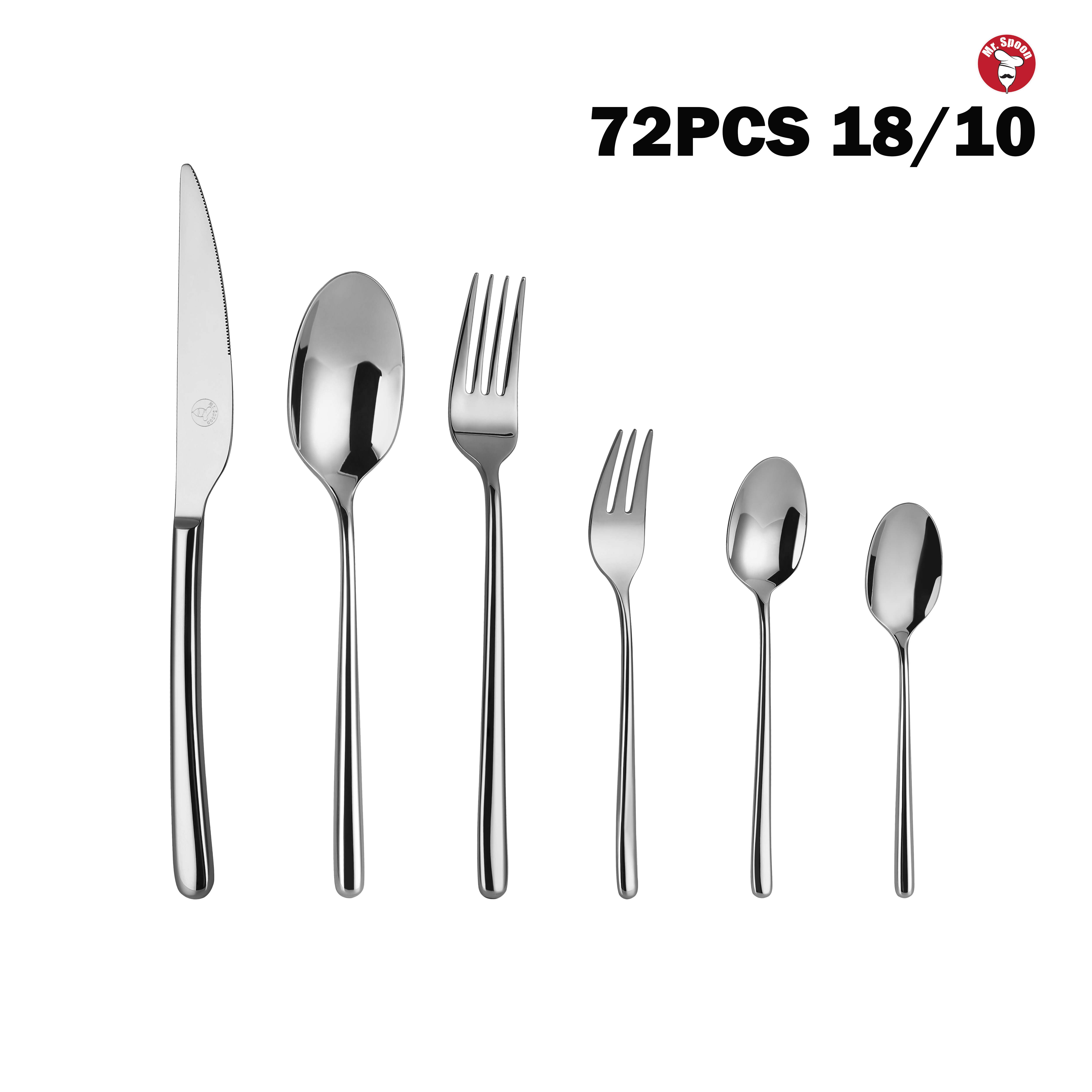 Mr.Spoon Serie Amor 72 piezas Cubiertos,Acero inoxidable 18/10,Alta calidad y acabado,Con cuchillo carne o mesa/cuchara/tenedor/cucharilla y tenedor postre/cuchara moka,apto para lavavajillas,Caja Envase Ecológico,Para Casa,Hotel,Restaurante 60301/72