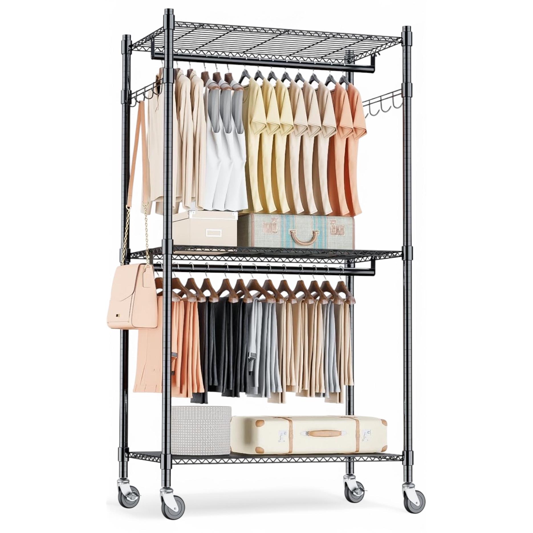 ORION91® - Unidad - Perchero de doble barra con ruedas, 186 x 60 x 45 cm, metal negro regulable, ganchos adicionales, montaje fácil - spaziOrion91