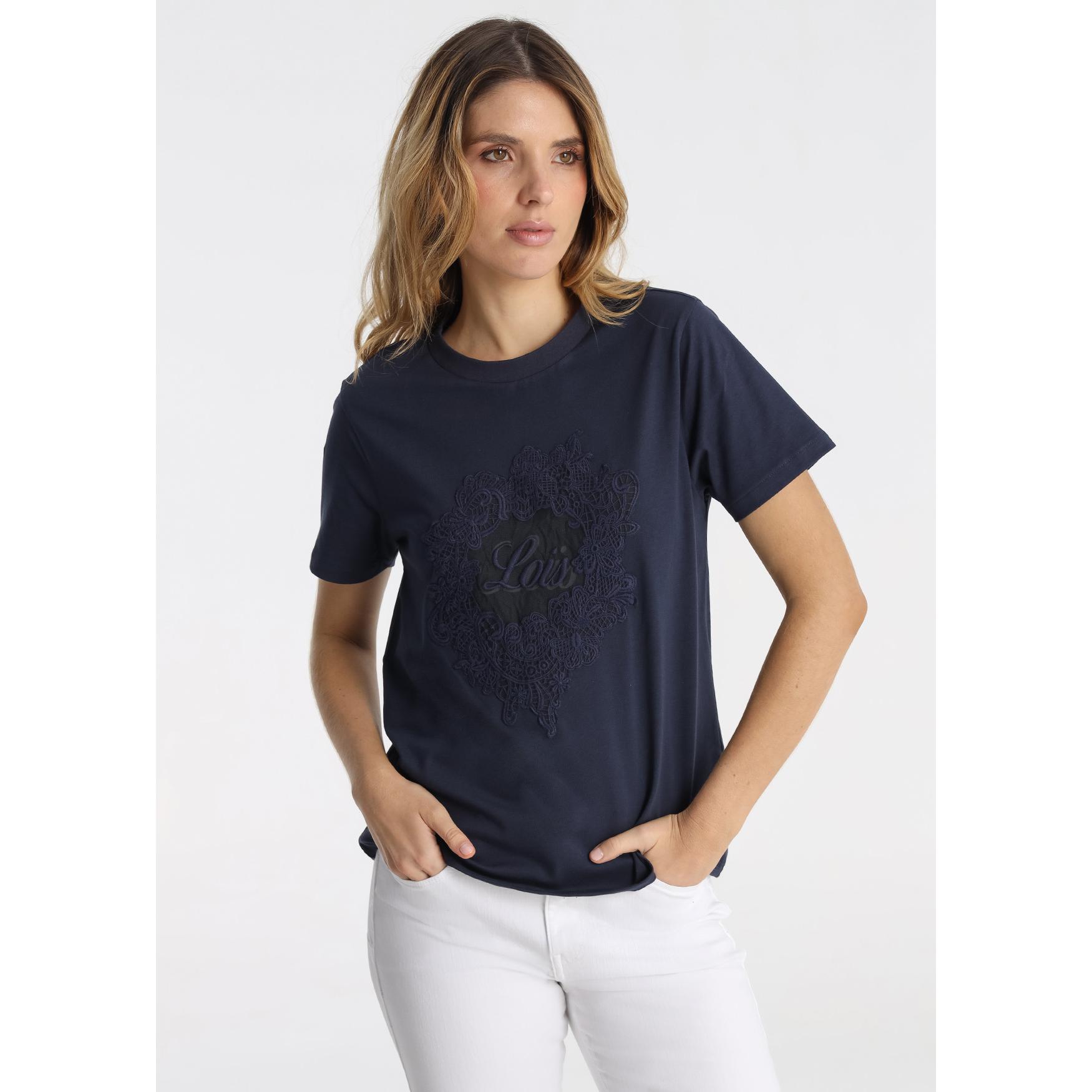 LOIS JEANS - Camiseta Azul con Bordado Especial y Detalle de Tull